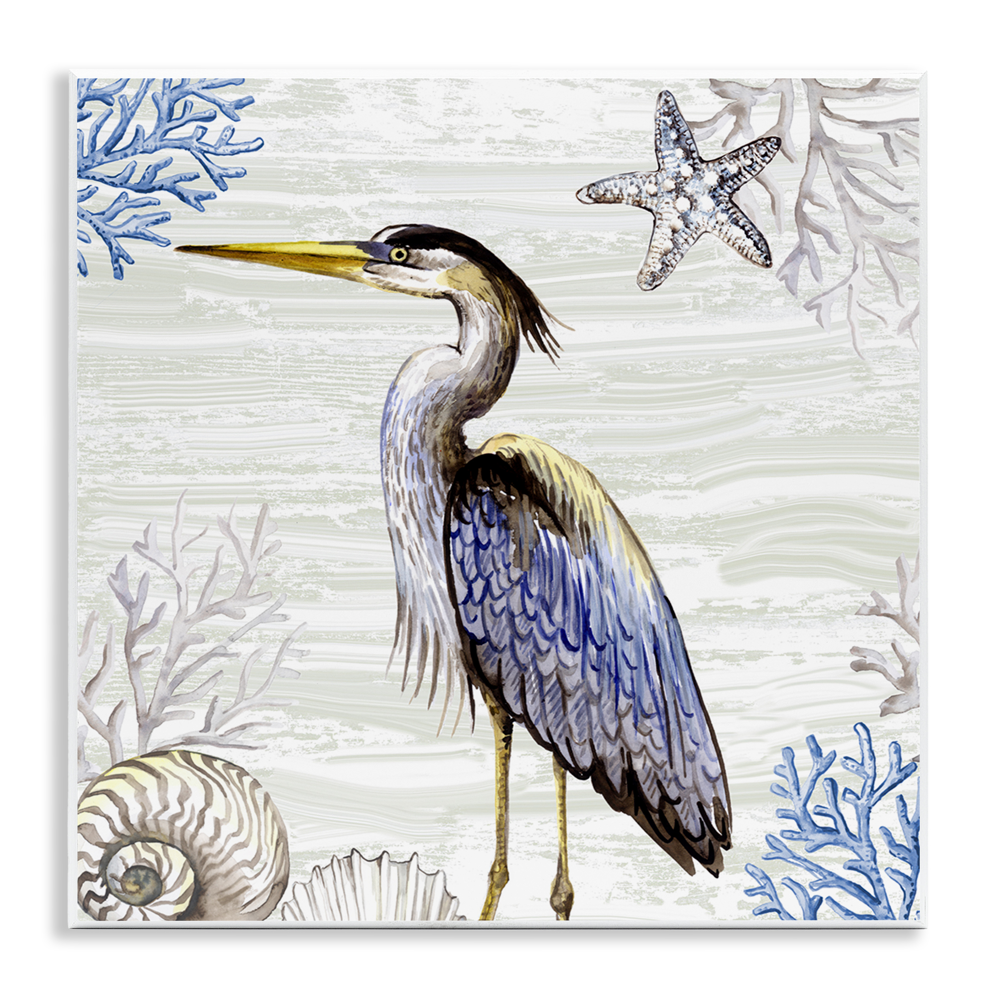 Stupell Industries Beach Bird Heron & Coral Animals Painting Unframed Art Print Wall Art, 12 x 12