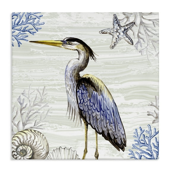 Stupell Industries Beach Bird Heron & Coral Animals Painting Wrapped Canvas Art Print Wall Art, 17 x 17
