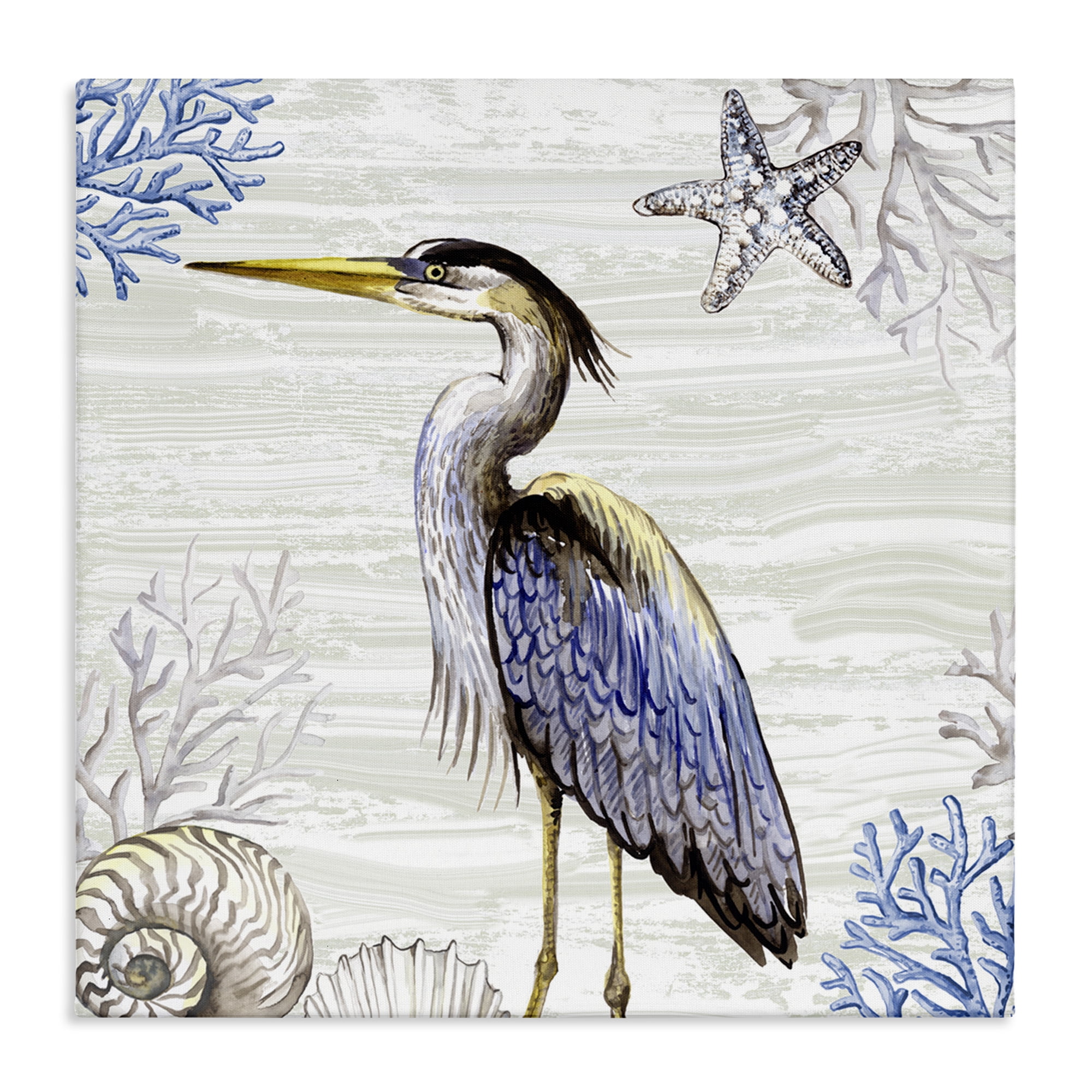 Stupell Industries Beach Bird Heron & Coral Animals Painting Wrapped Canvas Art Print Wall Art, 36 x 36