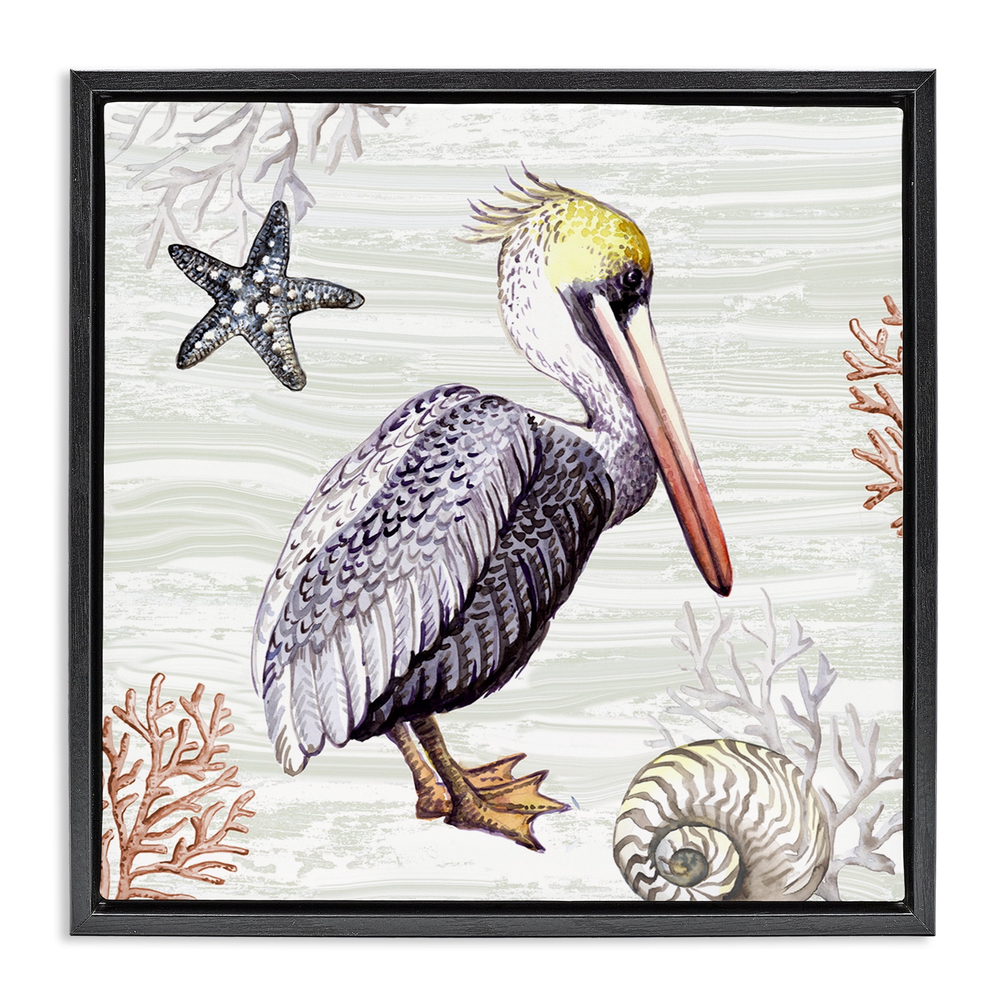 Stupell Industries Beach Bird Pelican Animals Painting Black Floater Framed Canvas Art Print Wall Art, 18 x 18