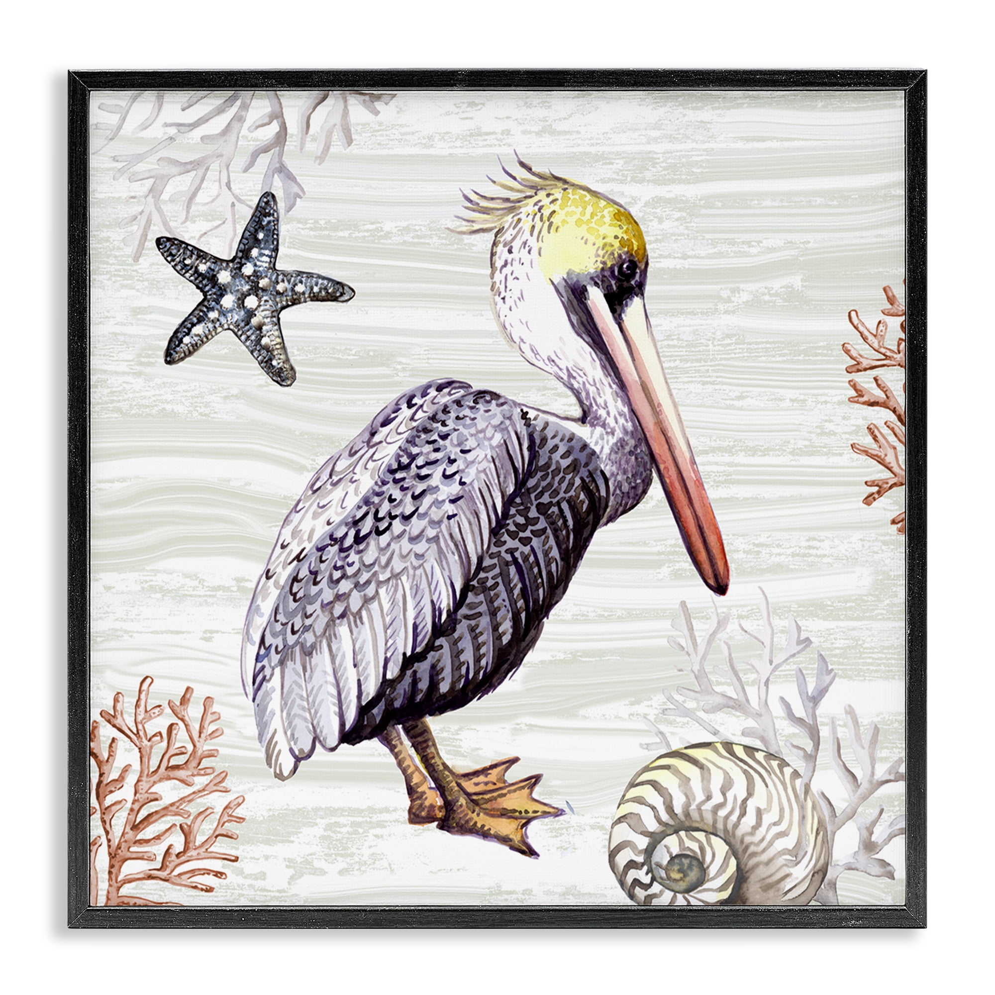Stupell Industries Beach Bird Pelican Animals Painting Black Framed Art Print Wall Art, 24 x 24