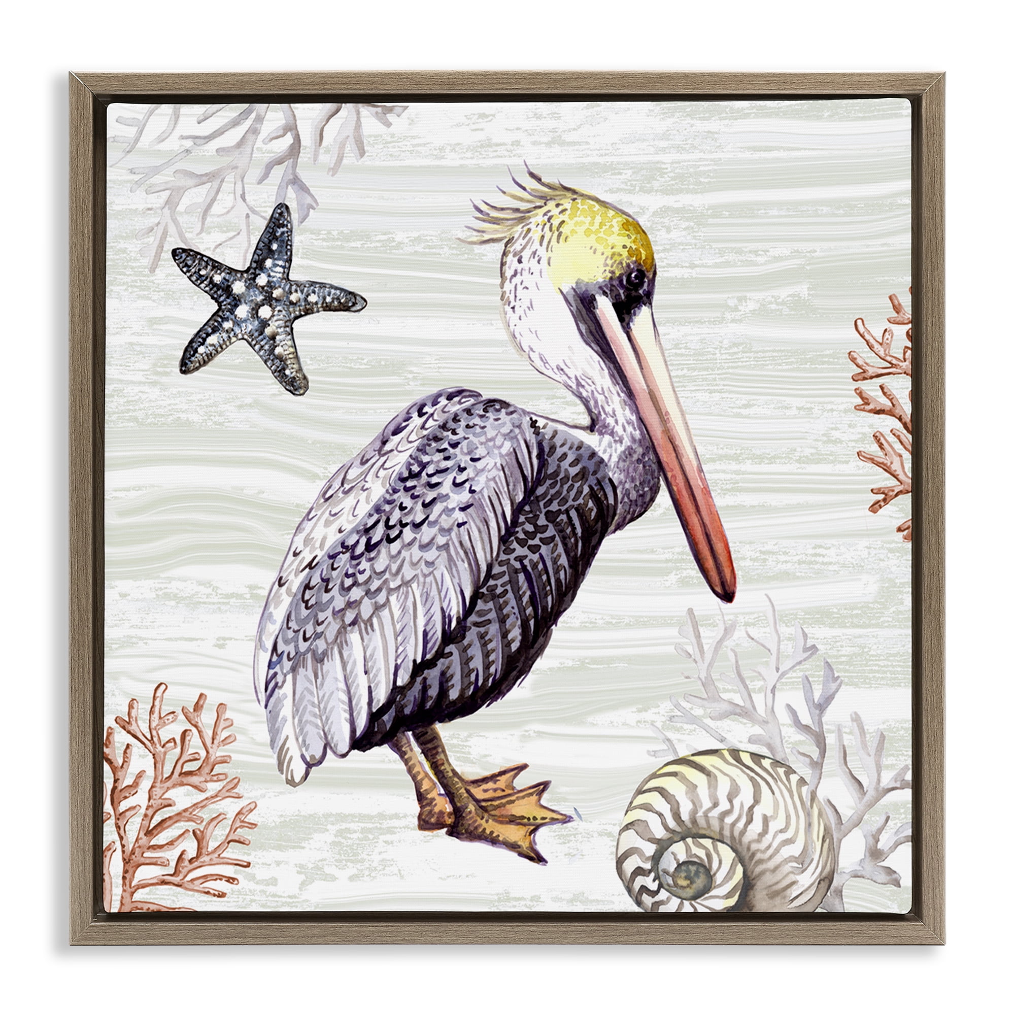 Stupell Industries Beach Bird Pelican Animals Painting Brown Floater Framed Canvas Art Print Wall Art, 18 x 18