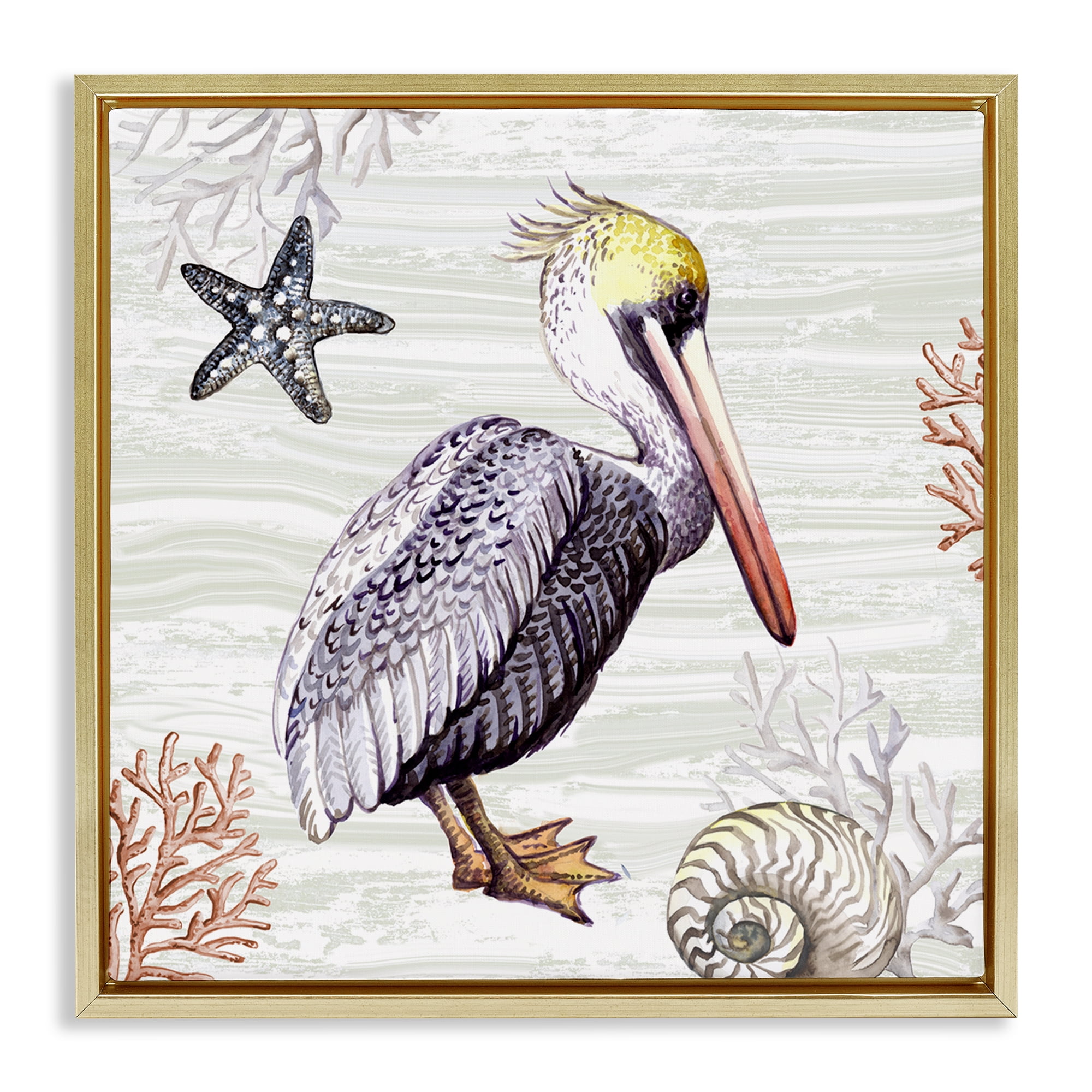 Stupell Industries Beach Bird Pelican Animals Painting Gold Floater Framed Canvas Art Print Wall Art, 18 x 18