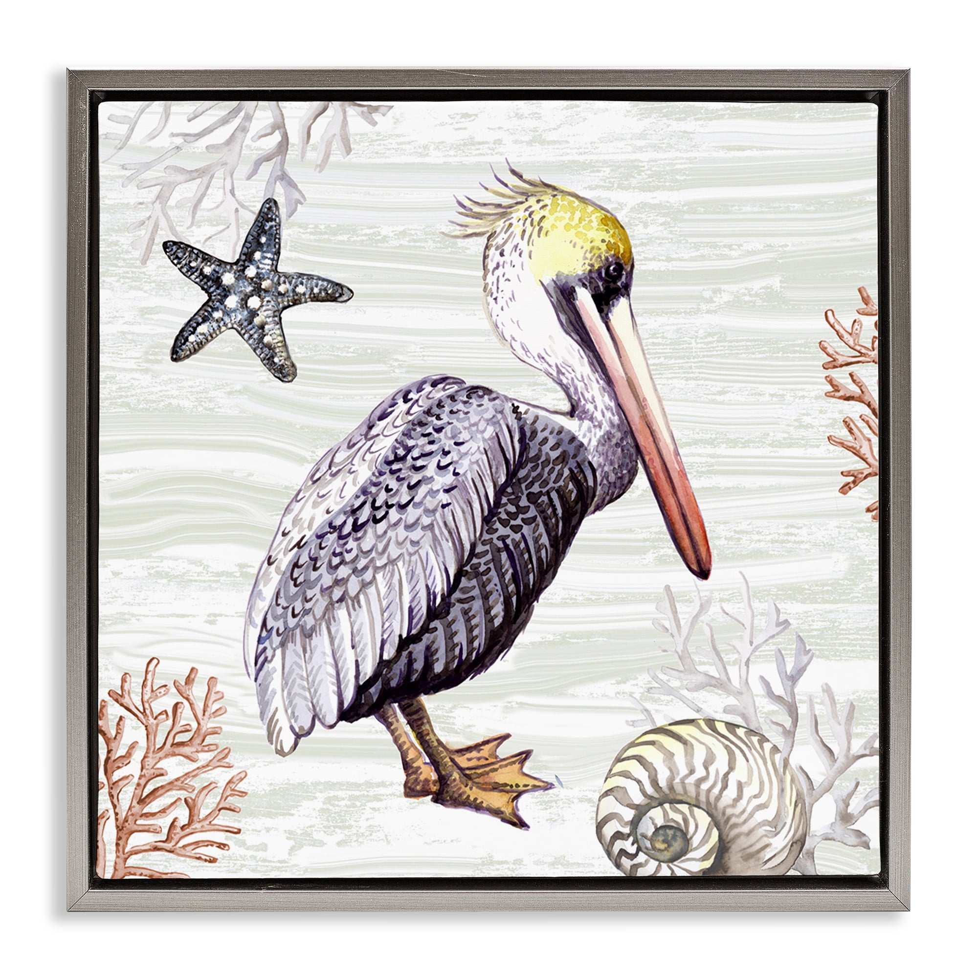 Stupell Industries Beach Bird Pelican Animals Painting Gray Floater Framed Canvas Art Print Wall Art, 25 x 25