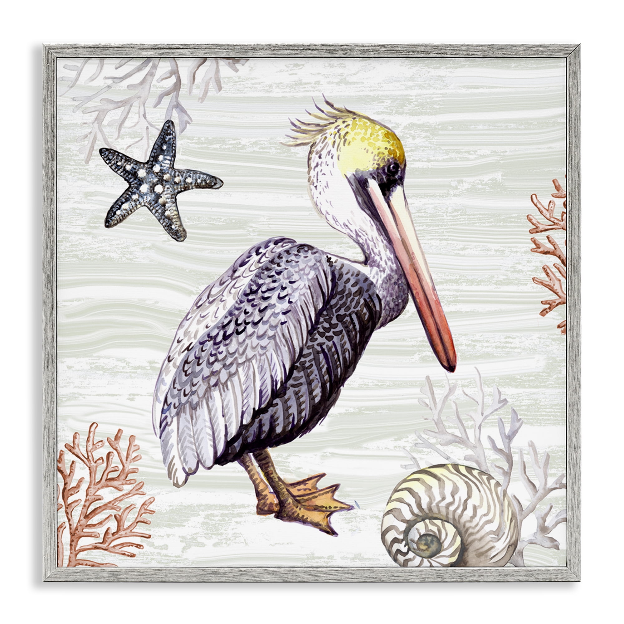 Stupell Industries Beach Bird Pelican Animals Painting Gray Framed Art Print Wall Art, 24 x 24