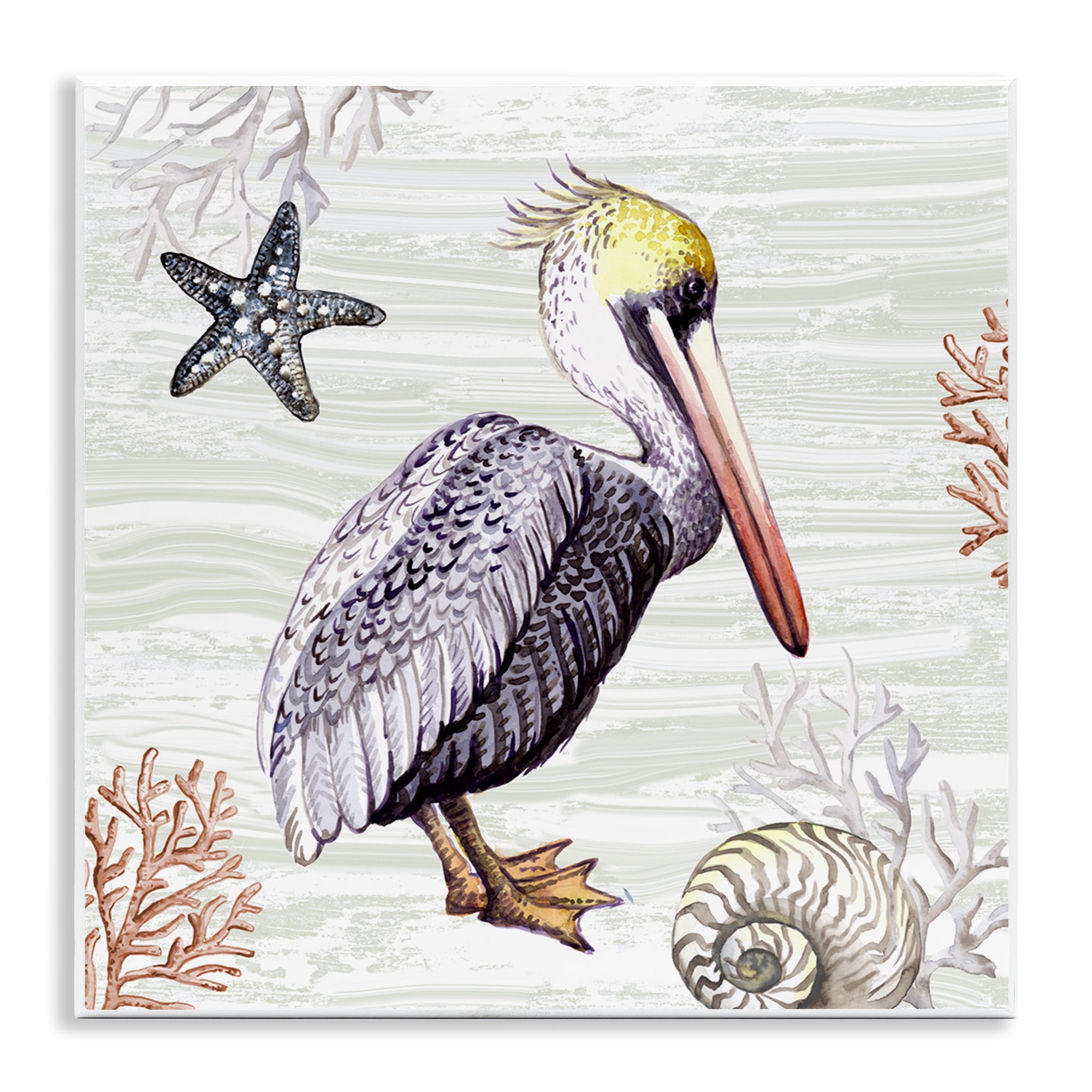 Stupell Industries Beach Bird Pelican Animals Painting Unframed Art Print Wall Art, 12 x 12