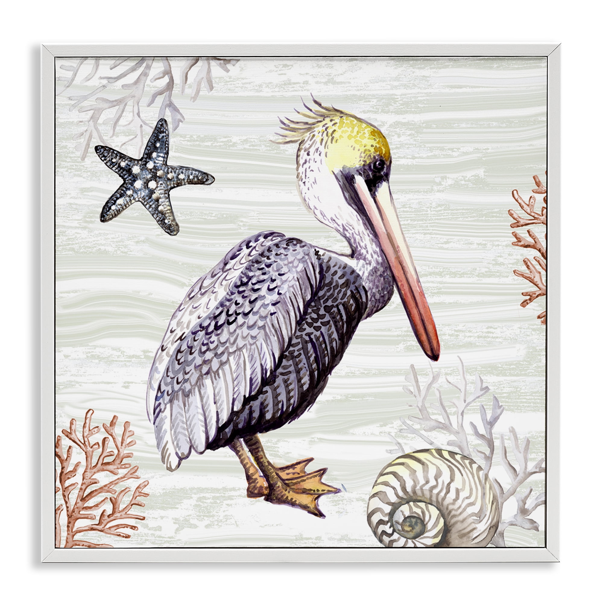 Stupell Industries Beach Bird Pelican Animals Painting White Framed Art Print Wall Art, 17 x 17