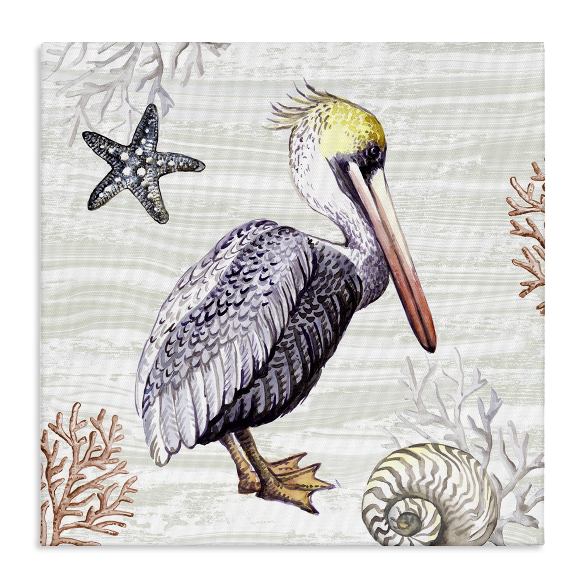 Stupell Industries Beach Bird Pelican Animals Painting Wrapped Canvas Art Print Wall Art, 30 x 30
