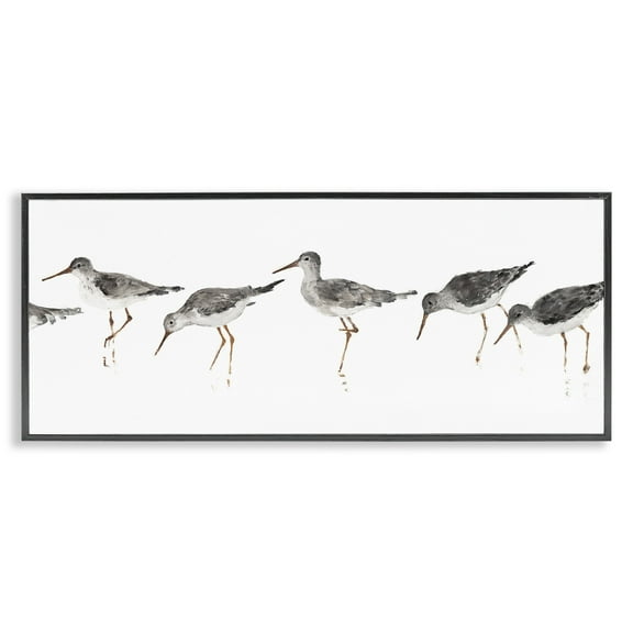 Stupell Industries Beach Bird Sandpipers Minimal Grey White Painting Animals & Insects Painting Gray Framed Art Print Wall Art, 10 x 24