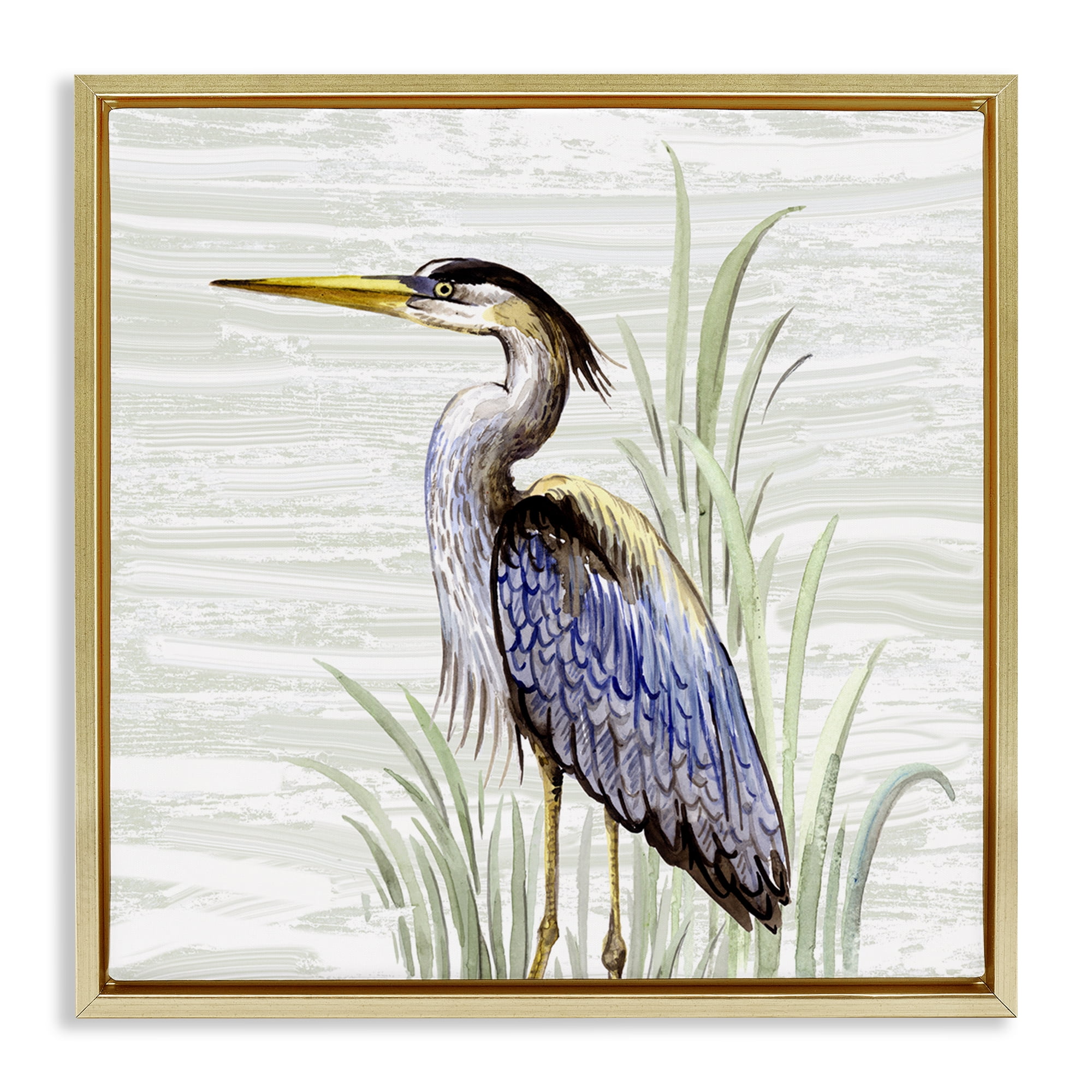Stupell Industries Beach Bird Simple Heron Animals Painting Gold Floater Framed Canvas Art Print Wall Art, 18 x 18