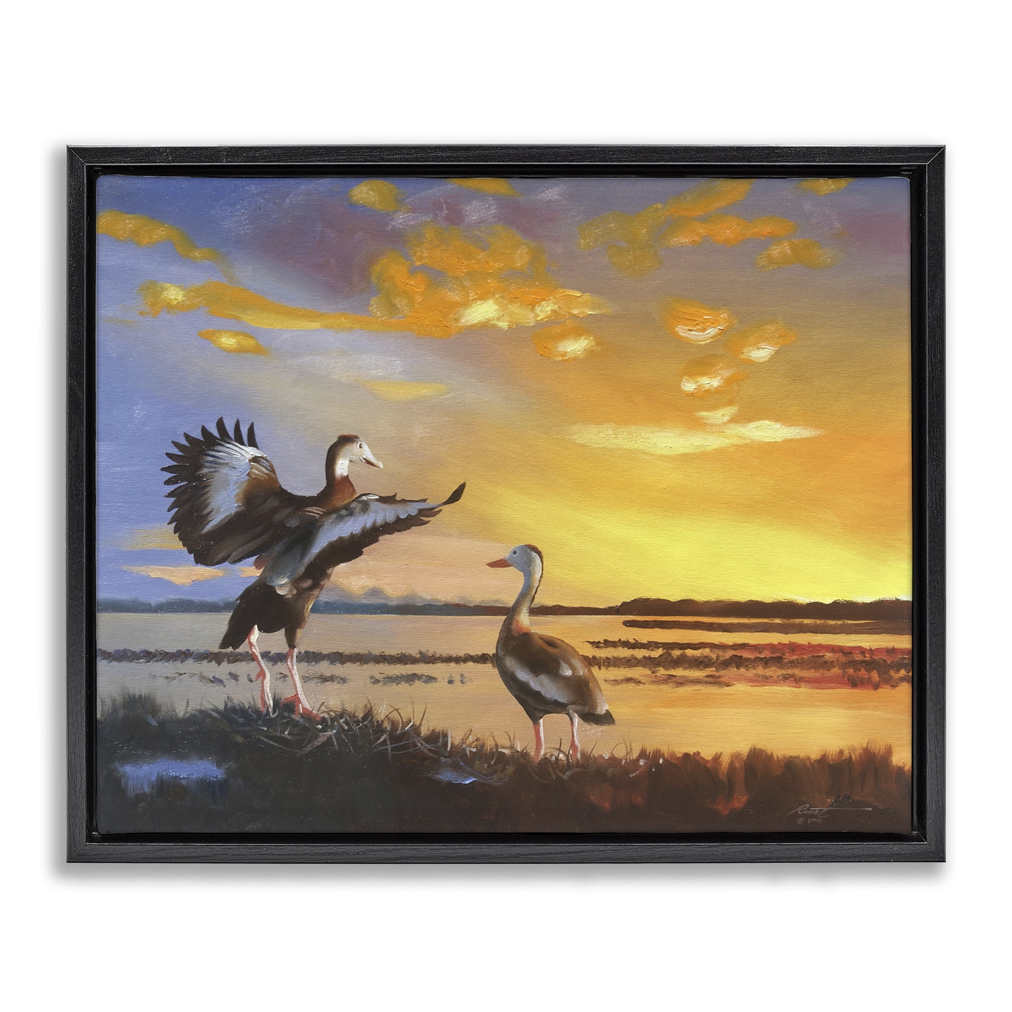 Stupell Industries Beach Birds at Sunset Animals & Insects Painting Black Floater Framed Canvas Art Print Wall Art, 31 x 25