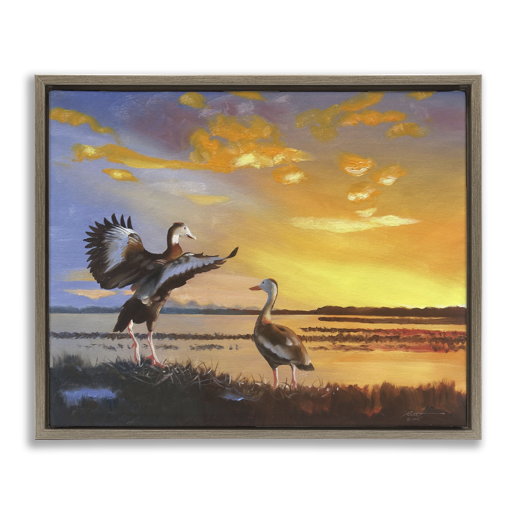 Stupell Industries Beach Birds at Sunset Animals & Insects Painting Brown Floater Framed Canvas Art Print Wall Art, 31 x 25