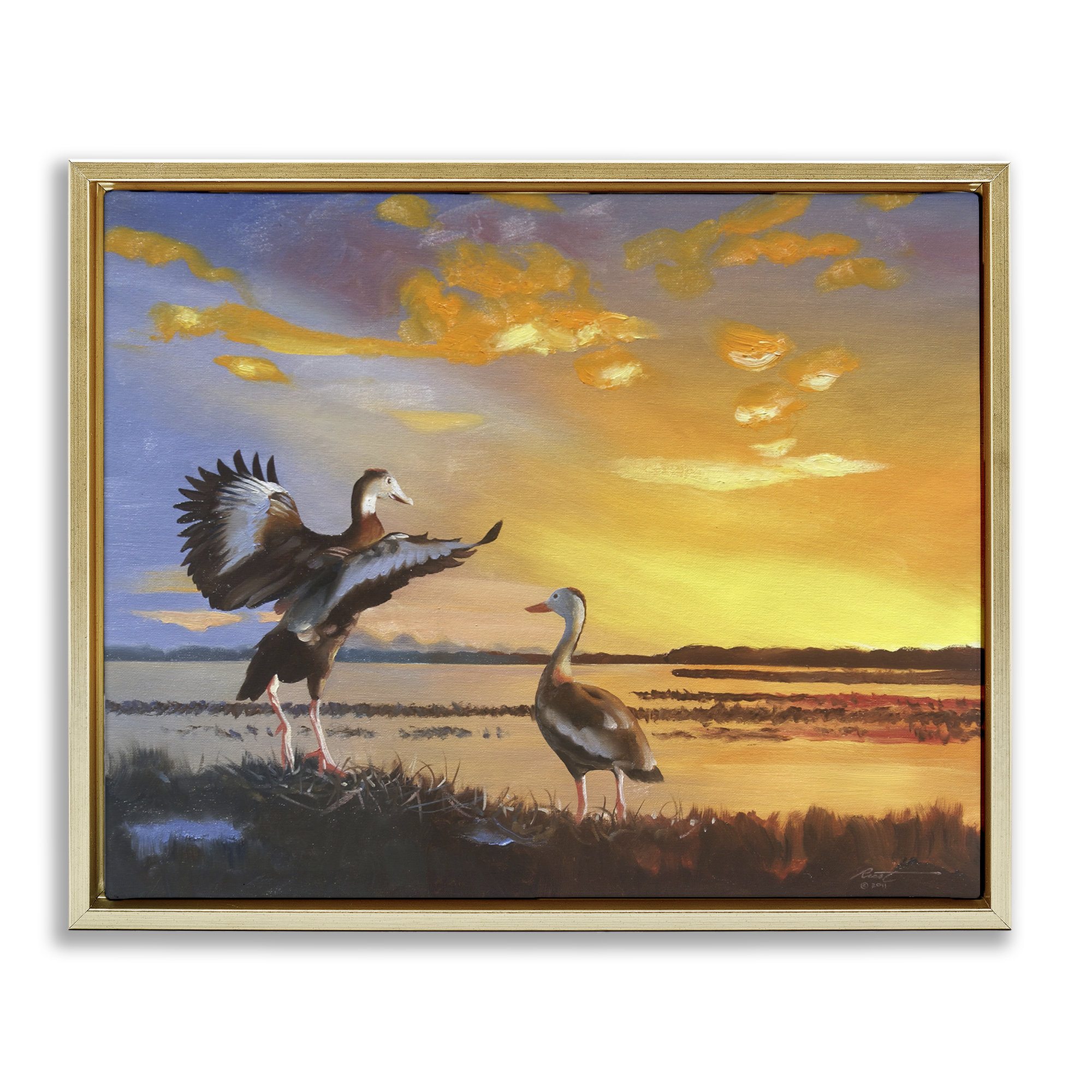 Stupell Industries Beach Birds at Sunset Animals & Insects Painting Gold Floater Framed Canvas Art Print Wall Art, 21 x 17