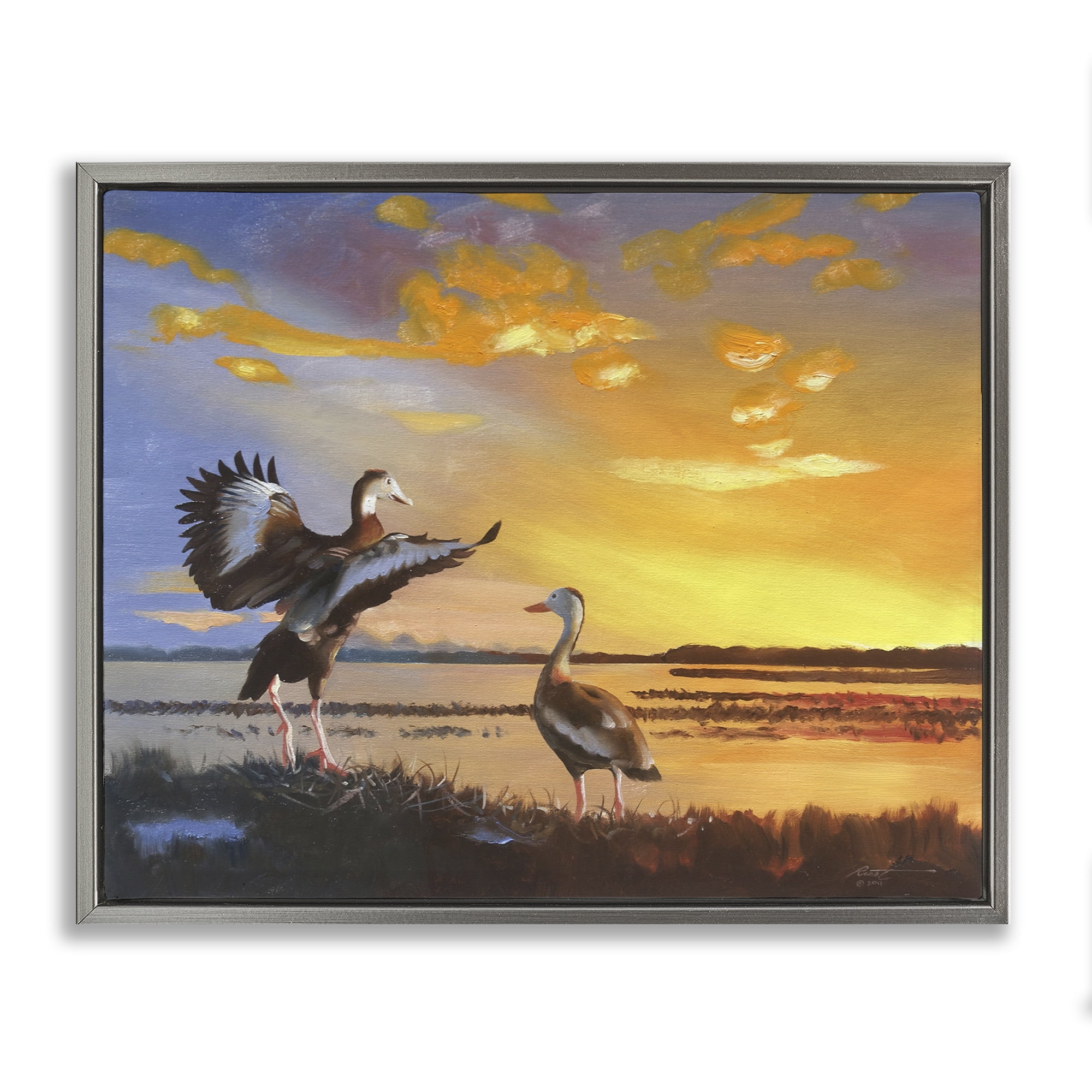 Stupell Industries Beach Birds at Sunset Animals & Insects Painting Gray Floater Framed Canvas Art Print Wall Art, 31 x 25