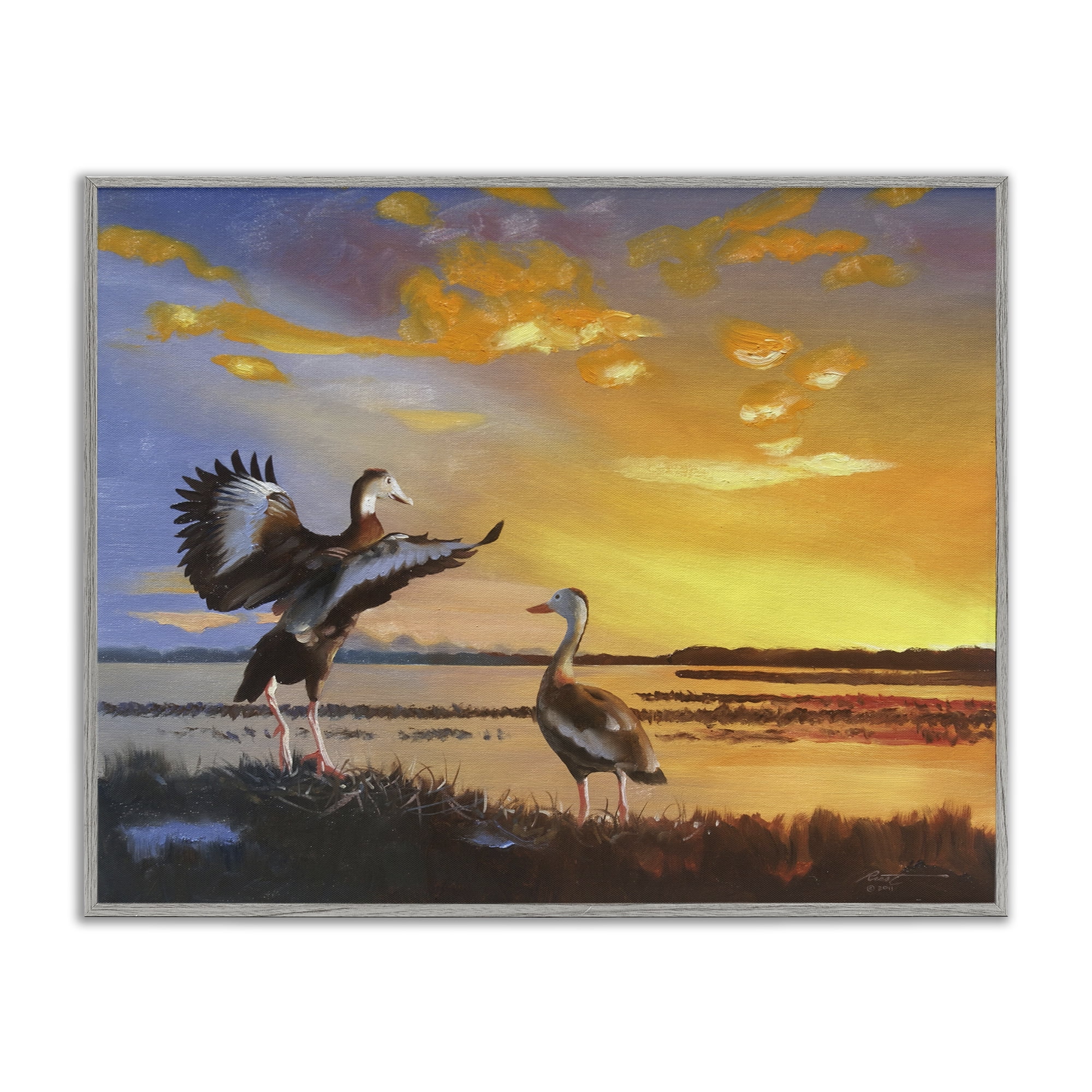 Stupell Industries Beach Birds at Sunset Animals & Insects Painting Gray Framed Art Print Wall Art, 20 x 16