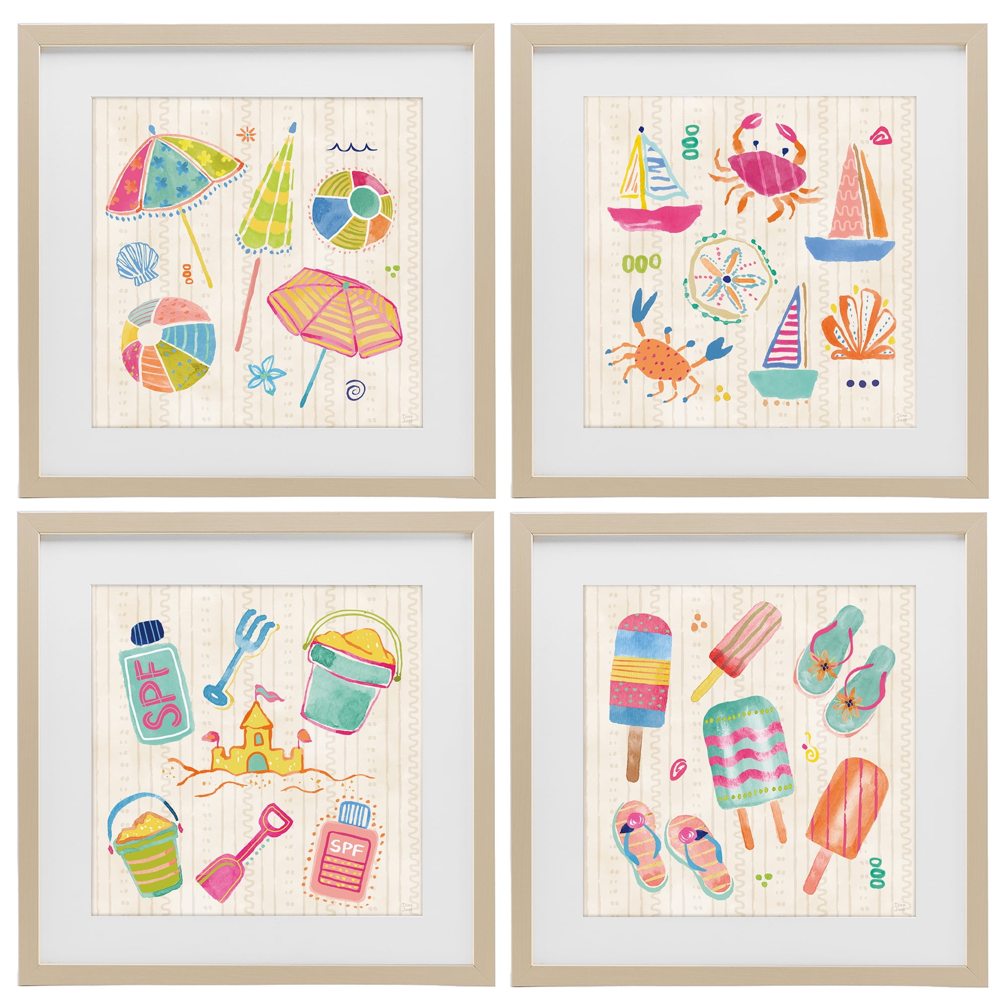Stupell Industries Beach & Boats Collection 4 Piece Birch Framed Print Under Glass Set, design by Dina June