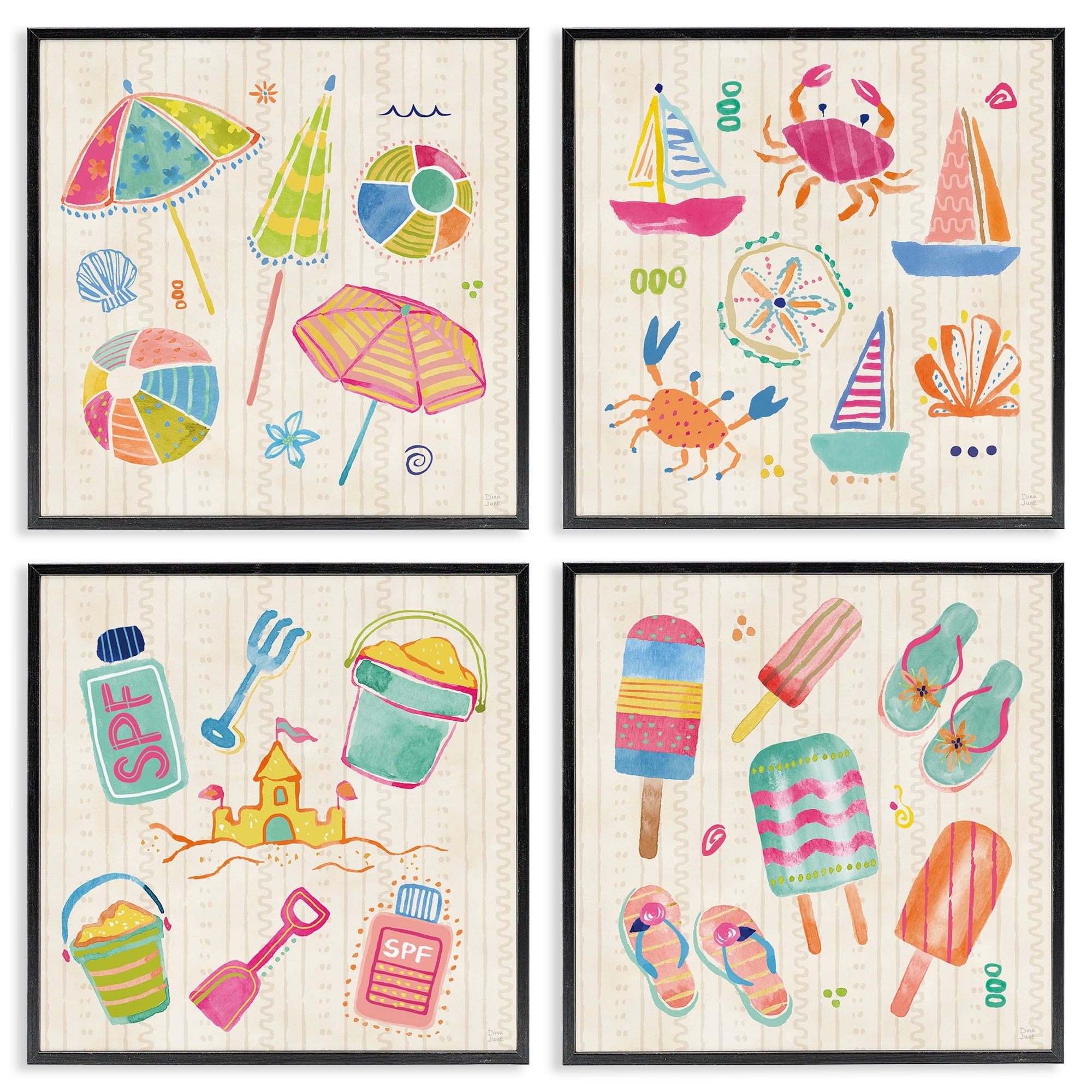 Stupell Industries Beach & Boats Collection 4 Piece Black Framed Giclee Art Set, design by Dina June