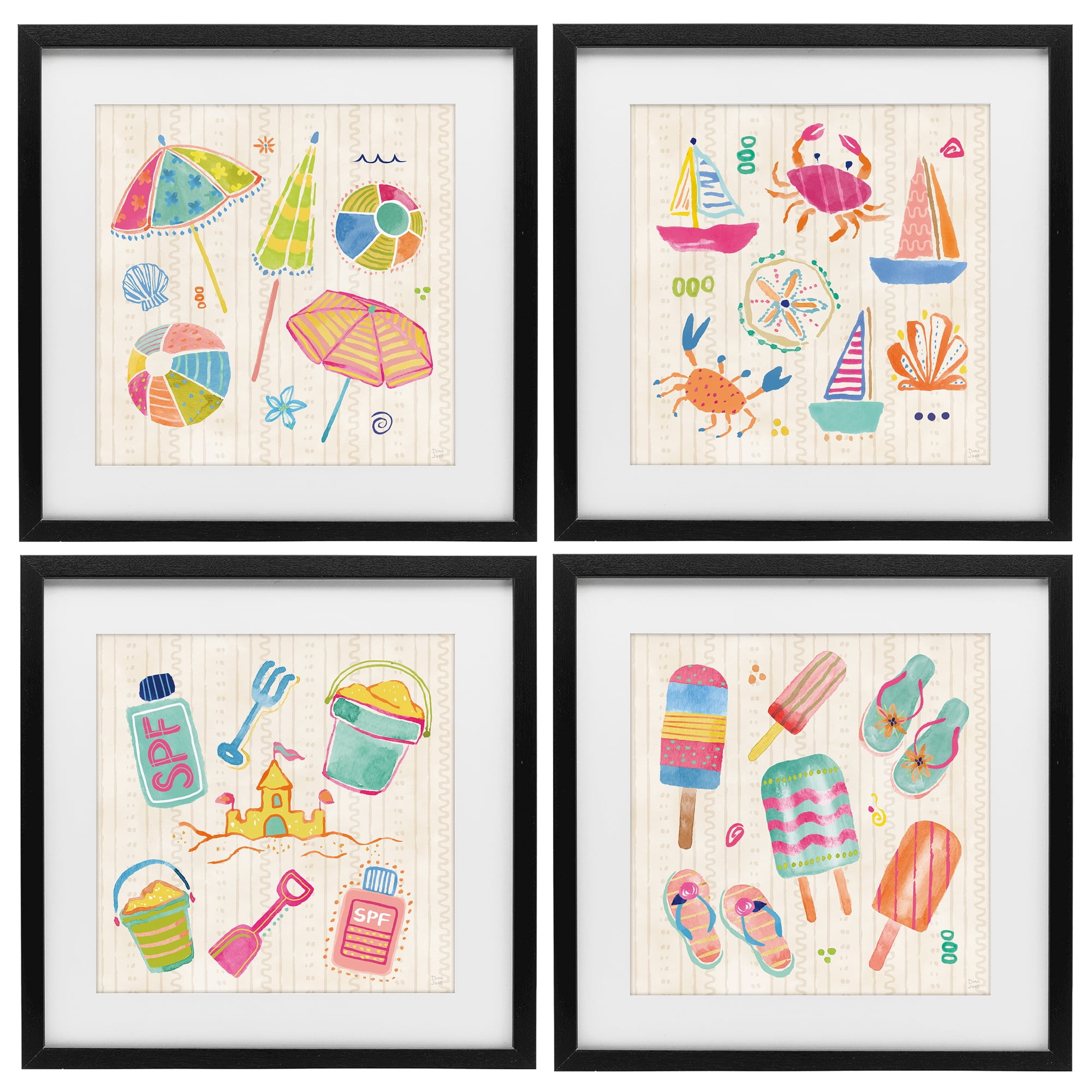 Stupell Industries Beach & Boats Collection 4 Piece Black Framed Print Under Glass Set, design by Dina June
