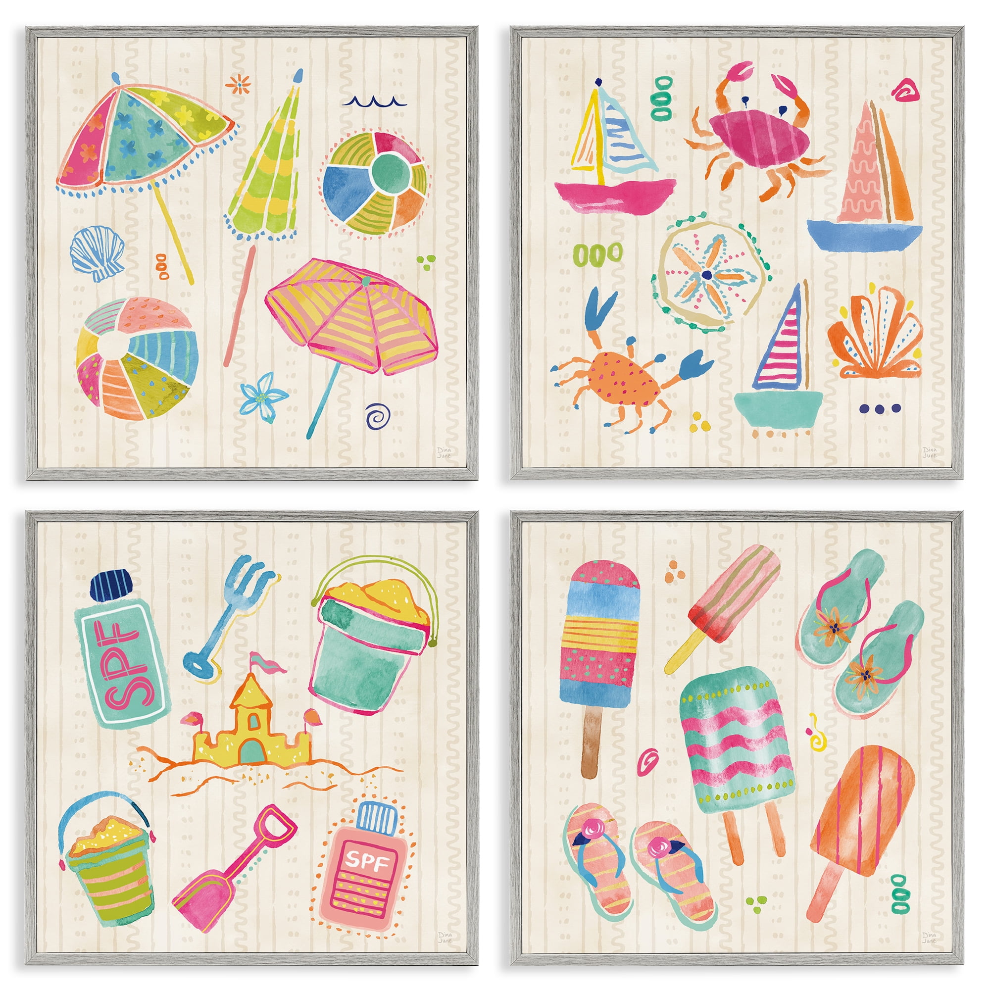 Stupell Industries Beach & Boats Collection 4 Piece Gray Framed Giclee Art Set, design by Dina June