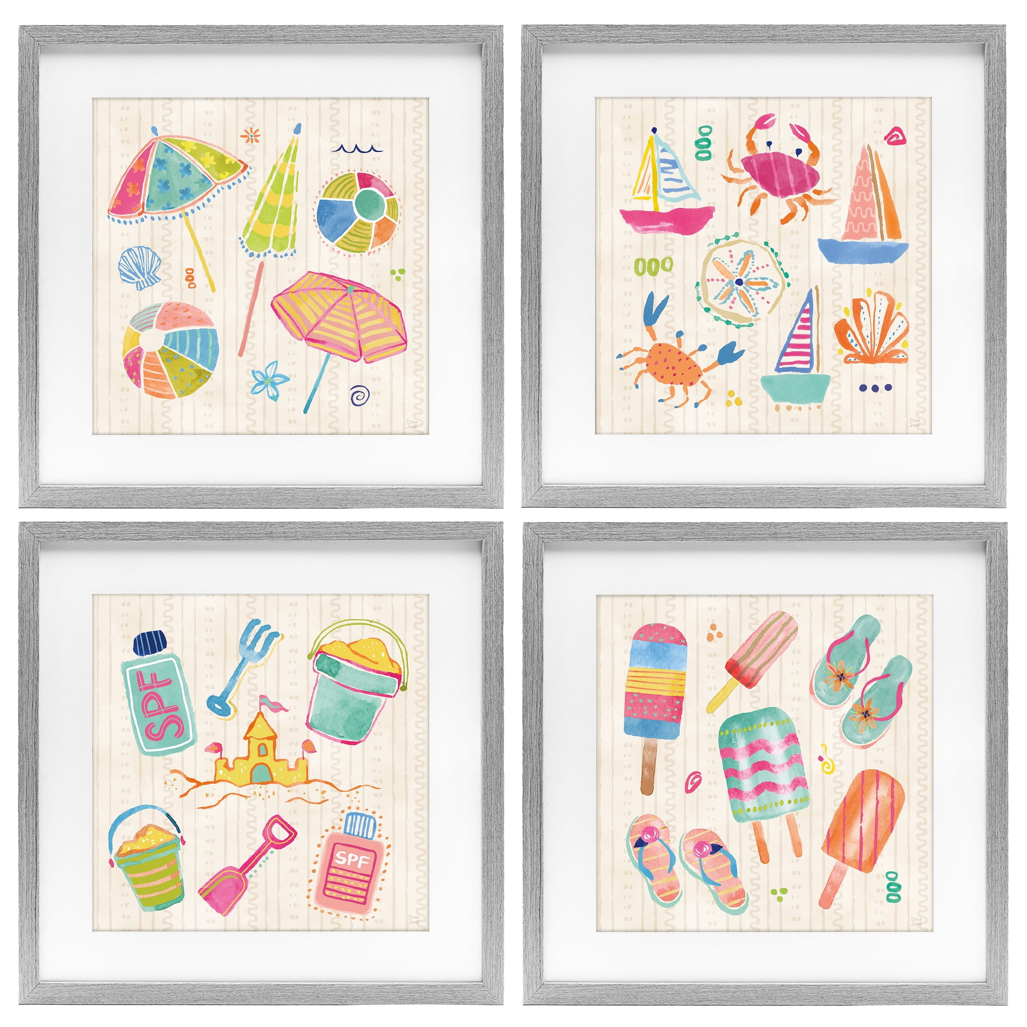 Stupell Industries Beach & Boats Collection 4 Piece Gray Framed Print Under Glass Set, design by Dina June
