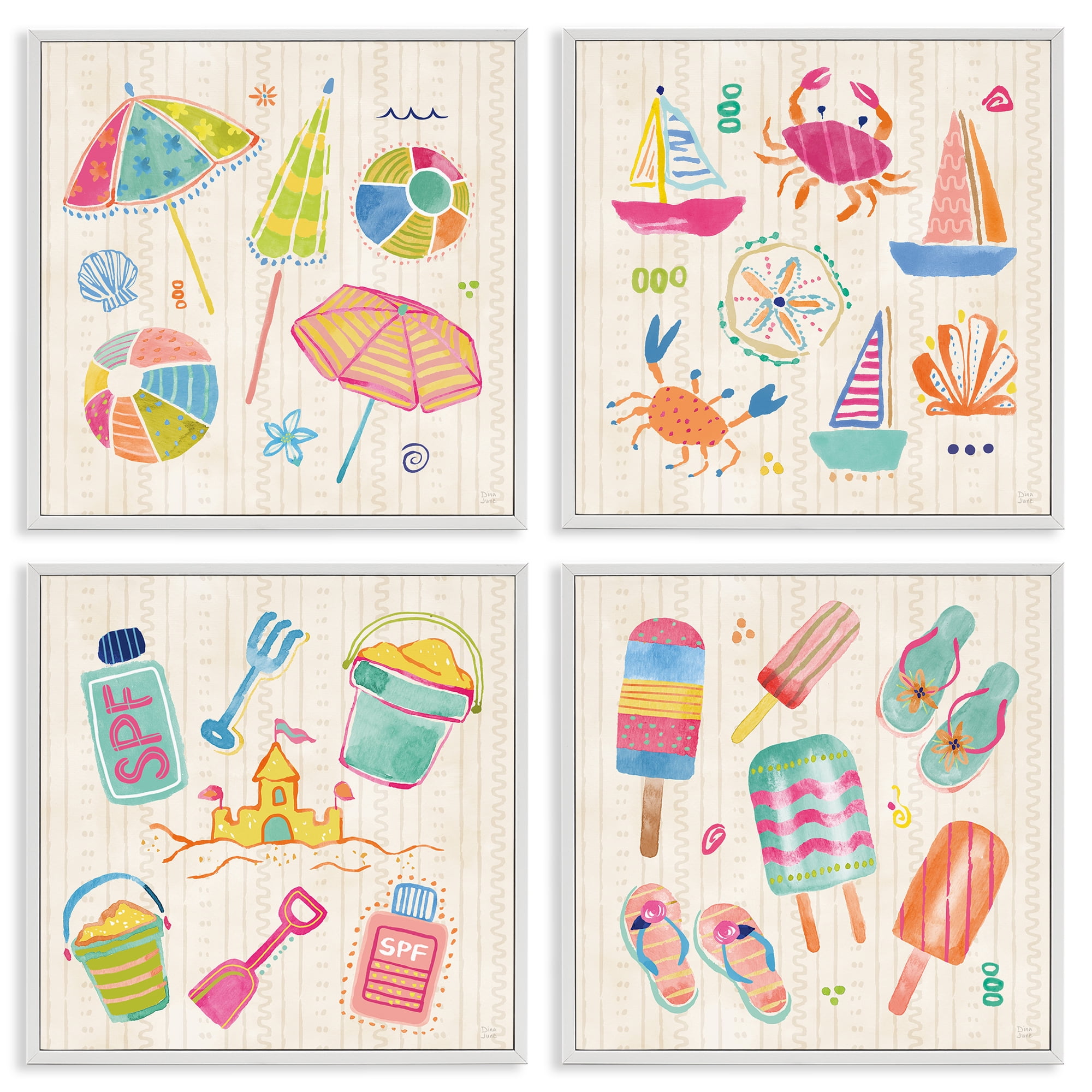 Stupell Industries Beach & Boats Collection 4 Piece White Framed Giclee Art Set, design by Dina June