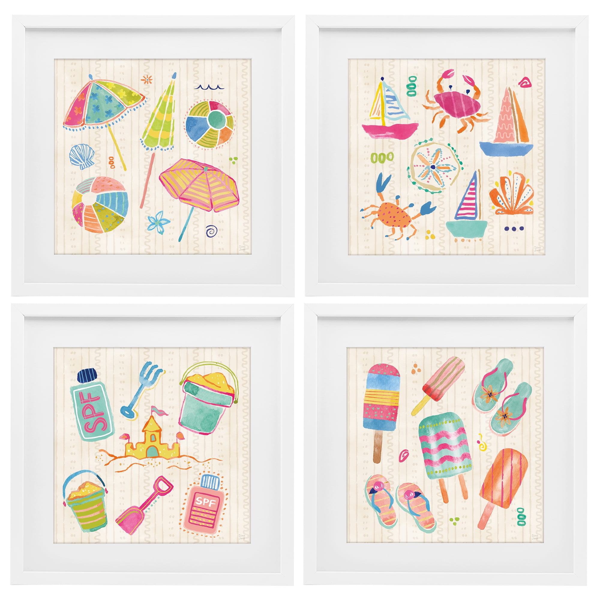 Stupell Industries Beach & Boats Collection 4 Piece White Framed Print Under Glass Set, design by Dina June