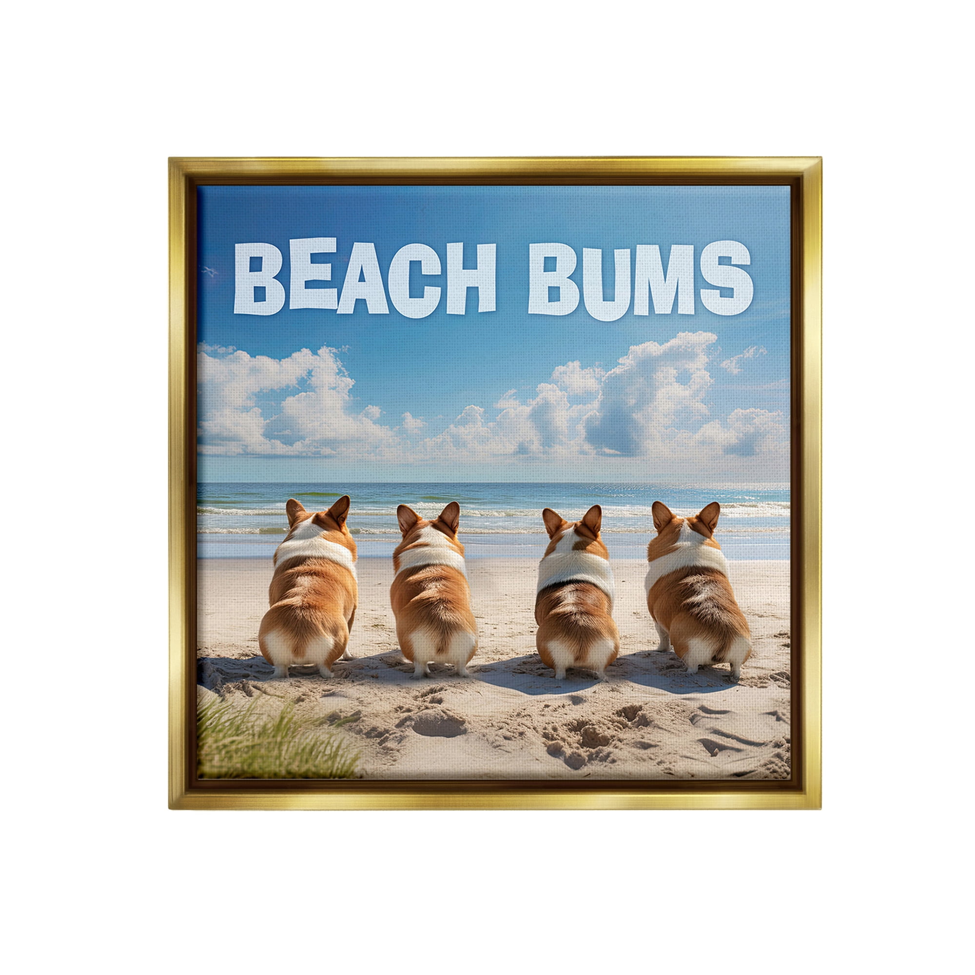 Stupell Industries Beach Bums Corgis Animals & Insects Painting Gold Floater Framed Canvas Art Print Wall Art, 18 x 18