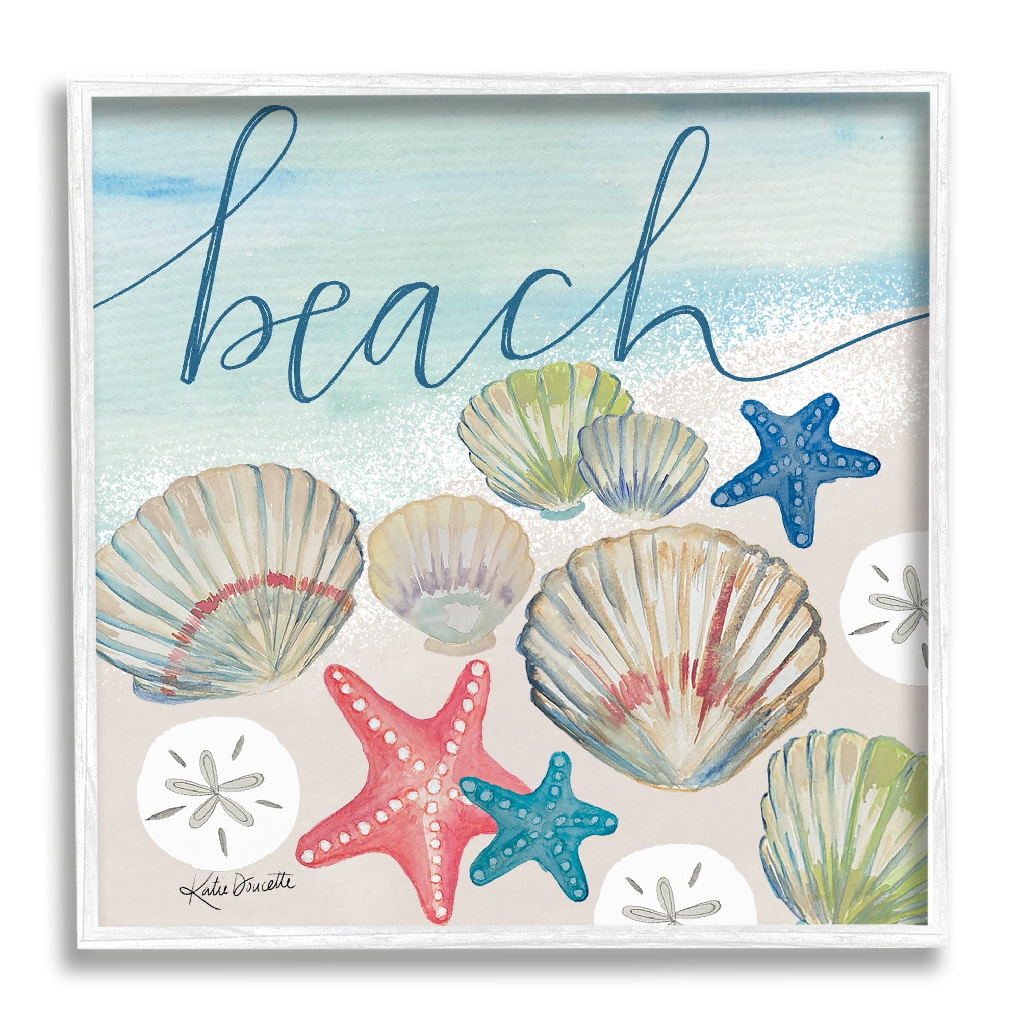 Stupell Industries Beach Calligraphy Seashells Clams Starfish Ocean Foam Framed Wall Art, 12 x 12, Design by Katie Doucette