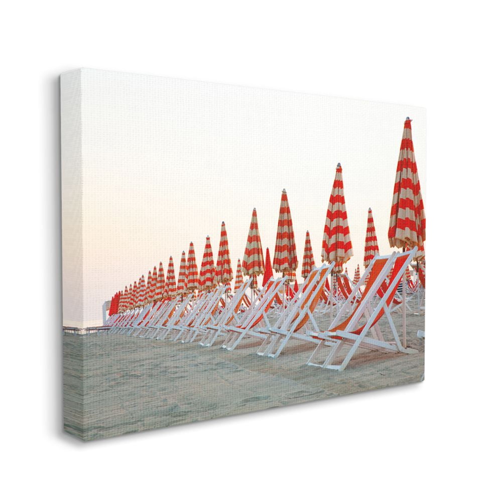 Stupell Industries Beach Chair Row with Umbrellas Red Tan Photograph Canvas Wall Art Design by Aledanda, 36" x 48"