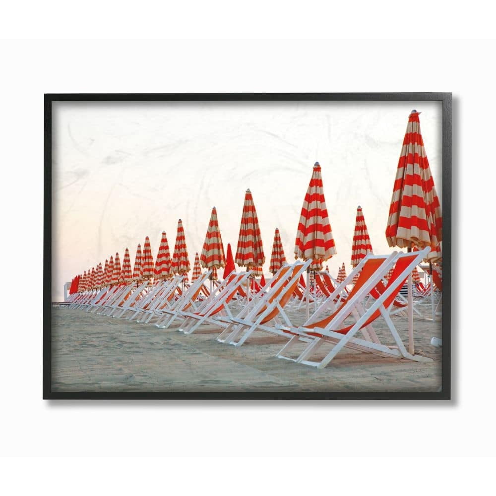 Stupell Industries Beach Chair Row with Umbrellas Red Tan Photograph Framed Wall Art Design by Aledanda, 16" x 20", Black Framed