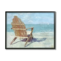 Stupell Industries Beach Chair by Shore Nature Painting Black Framed Art Print Wall Art, 14 x 11