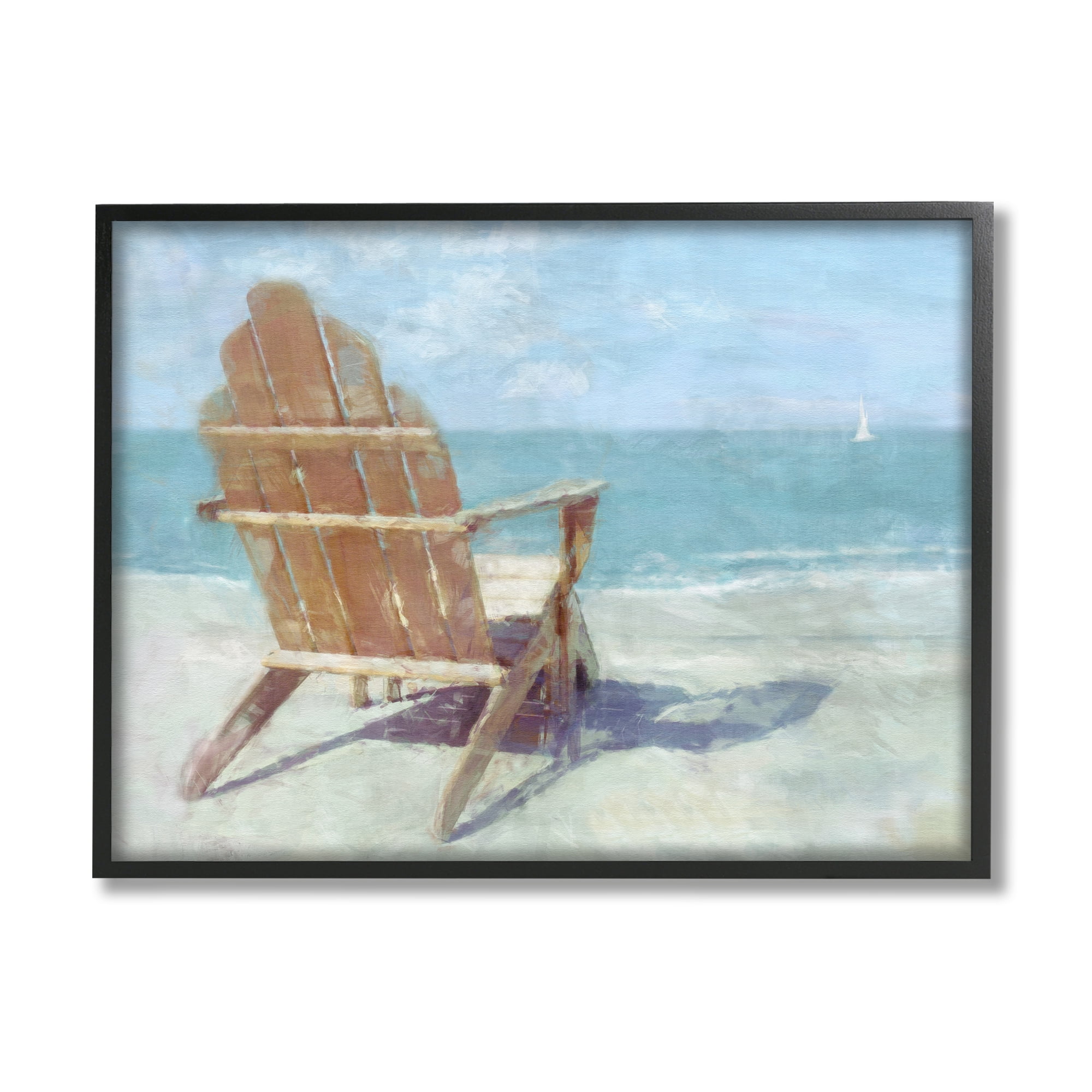 Stupell Industries Beach Chair by Shore Nature Painting Black Framed Art Print Wall Art, 30 x 24
