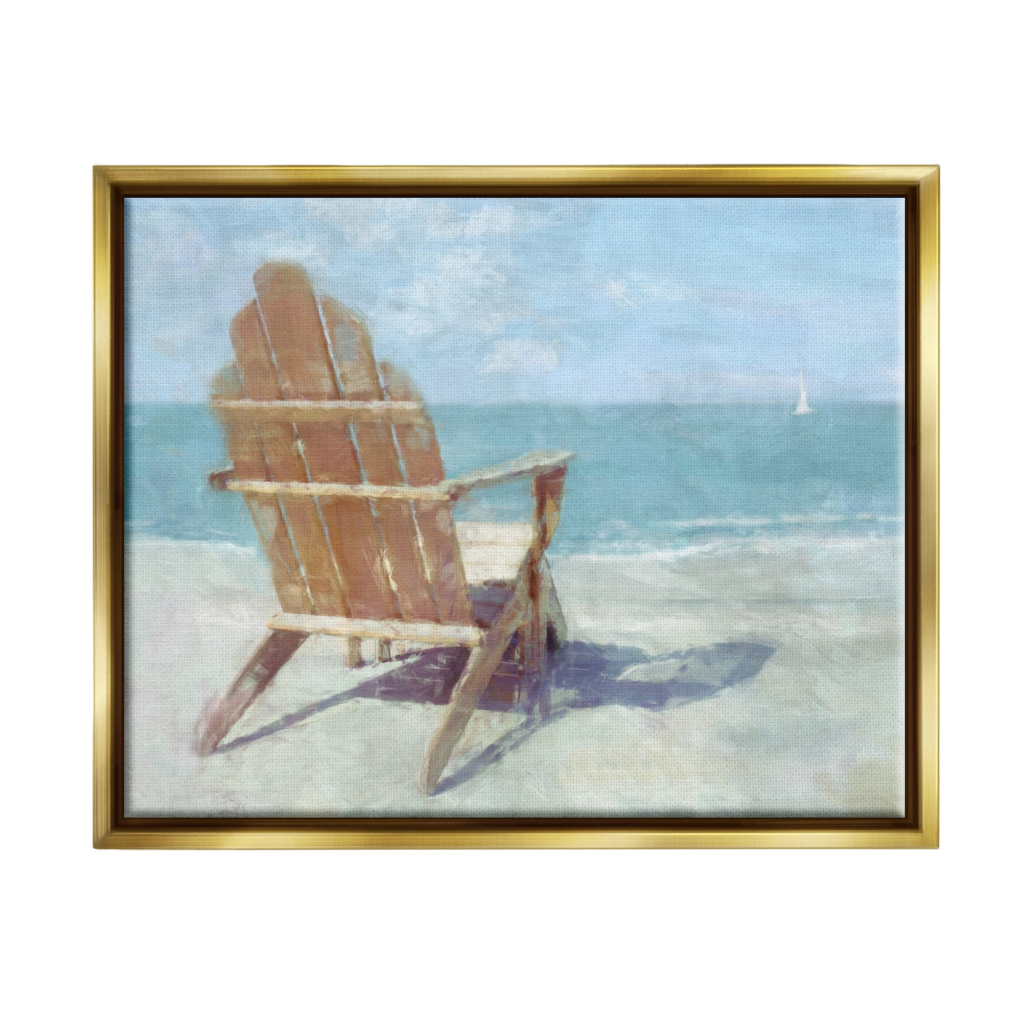 Stupell Industries Beach Chair by Shore Nature Painting Gold Floater Framed Art Print Wall Art, 21 x 17