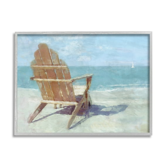 Stupell Industries Beach Chair by Shore Nature Painting Gray Framed Art Print Wall Art, 14 x 11