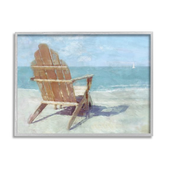 Stupell Industries Beach Chair by Shore Nature Painting Gray Framed Art Print Wall Art, 30 x 24