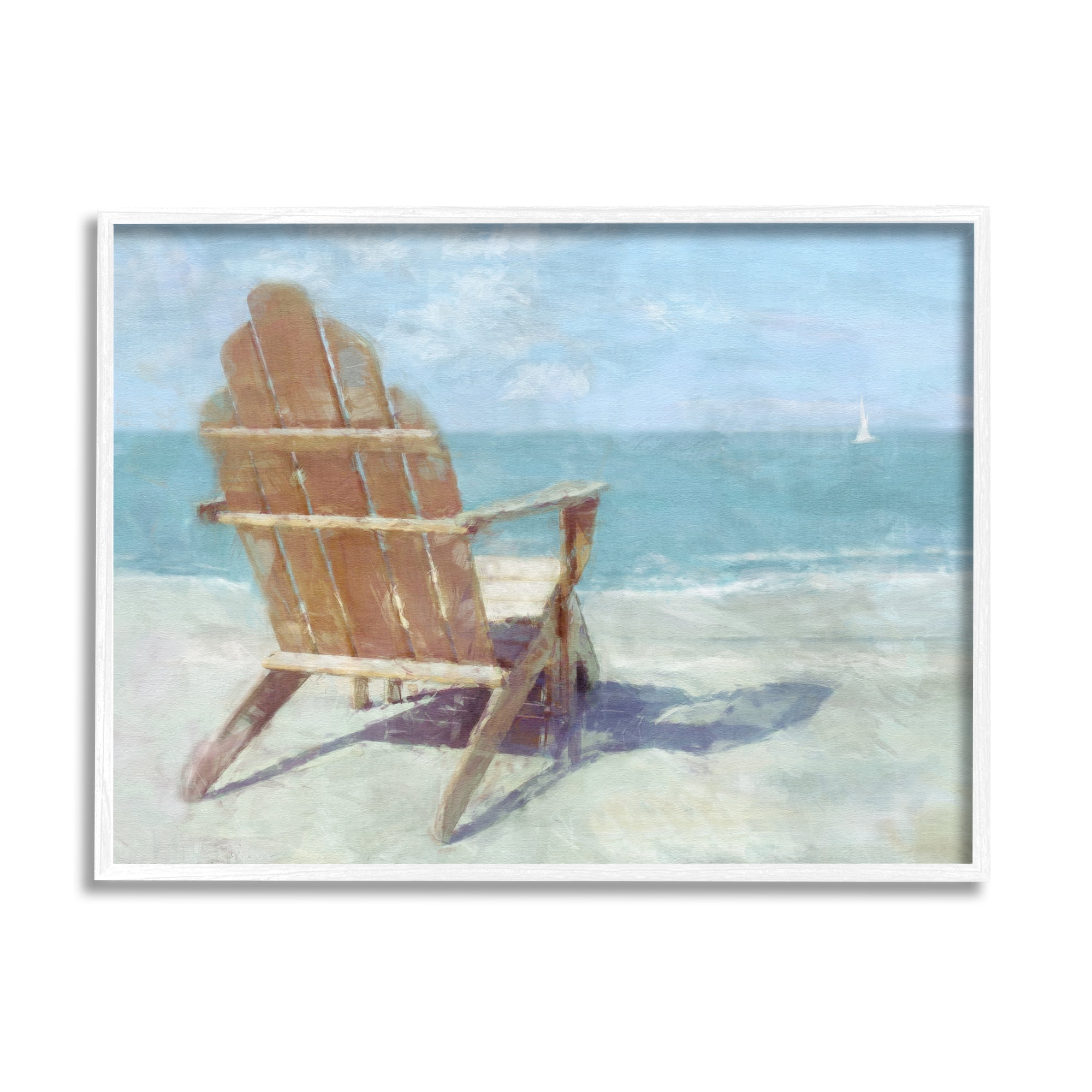 Stupell Industries Beach Chair by Shore Nature Painting White Framed Art Print Wall Art, 20 x 16