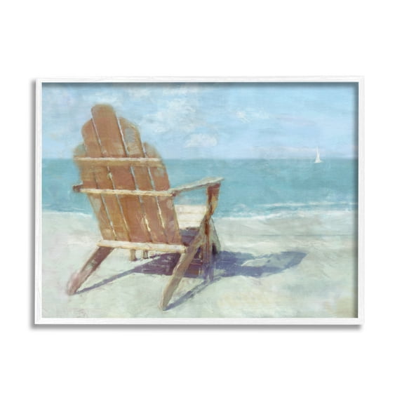 Stupell Industries Beach Chair by Shore Nature Painting White Framed Art Print Wall Art, 30 x 24