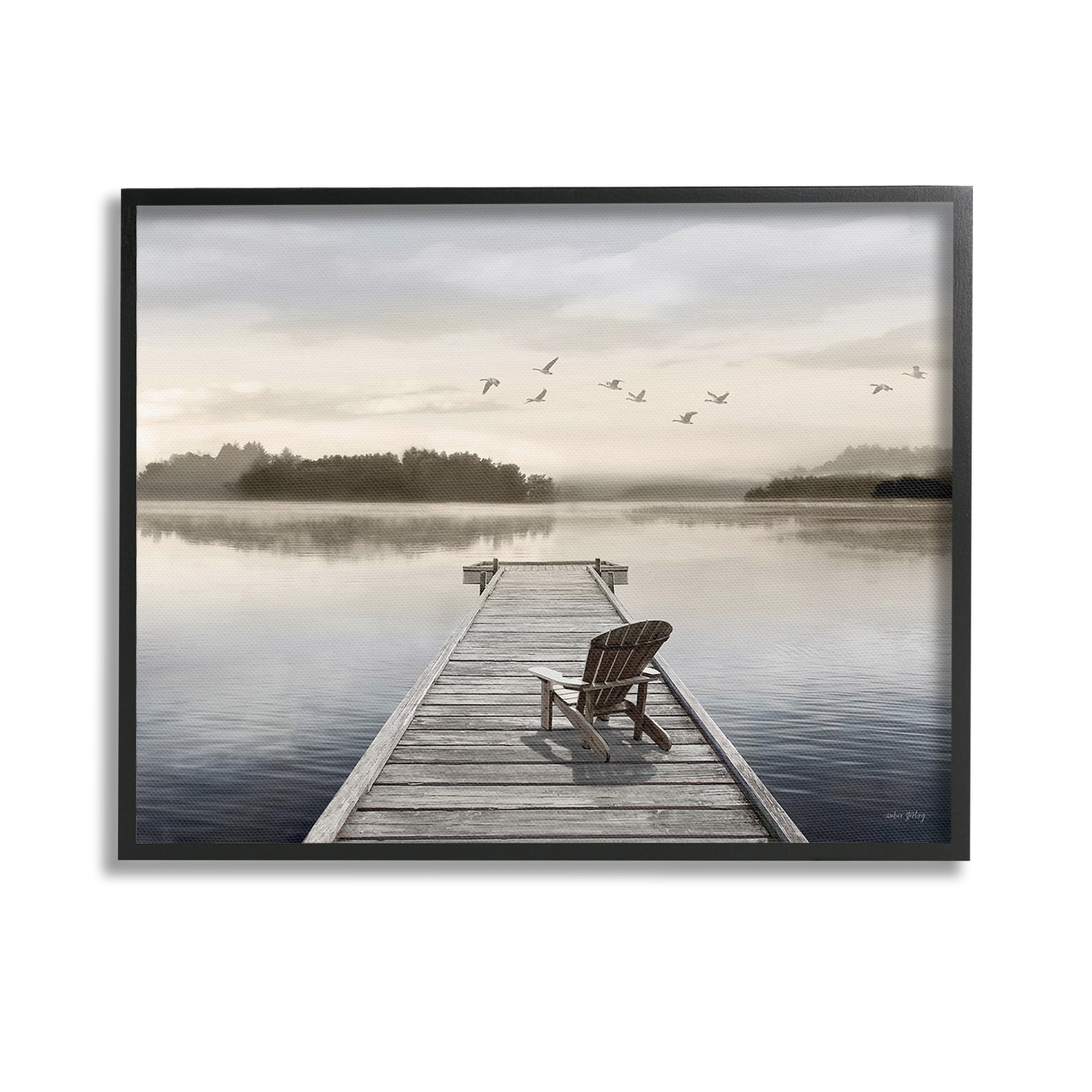 Stupell Industries Beach Chair on Dock Landscape Painting Black Framed Art Print Wall Art, 14 x 11