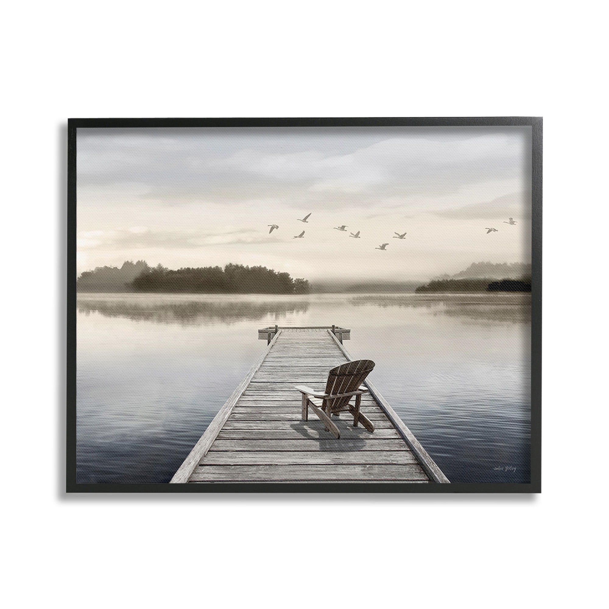 Stupell Industries Beach Chair on Dock Landscape Painting Black Framed Art Print Wall Art, 30 x 24