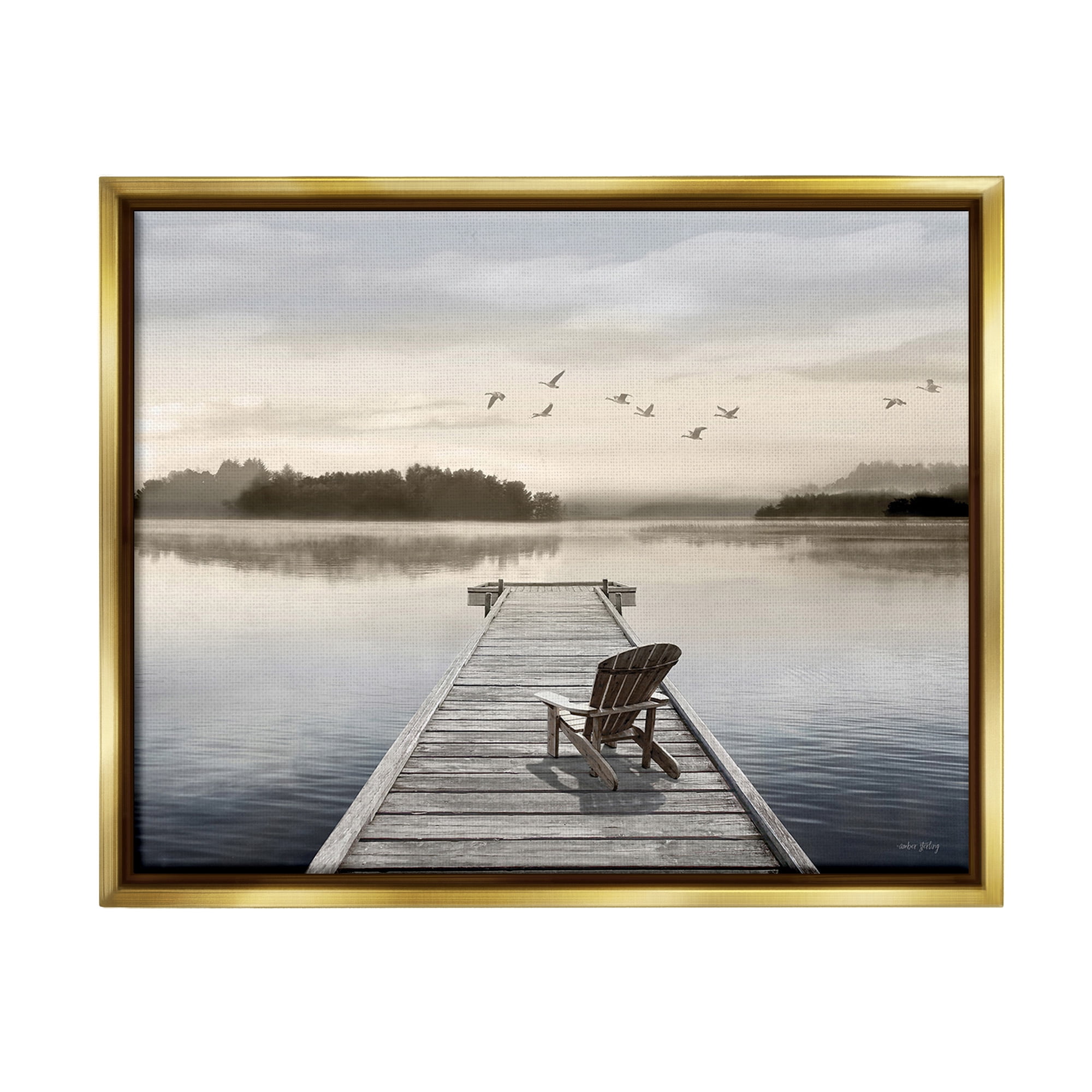 Stupell Industries Beach Chair on Dock Landscape Painting Gold Floater Framed Canvas Art Print Wall Art, 31 x 25