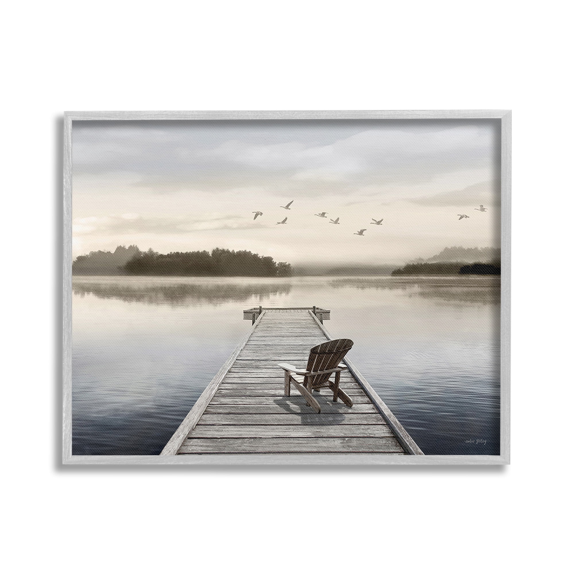 Stupell Industries Beach Chair on Dock Landscape Painting Gray Framed Art Print Wall Art, 30 x 24