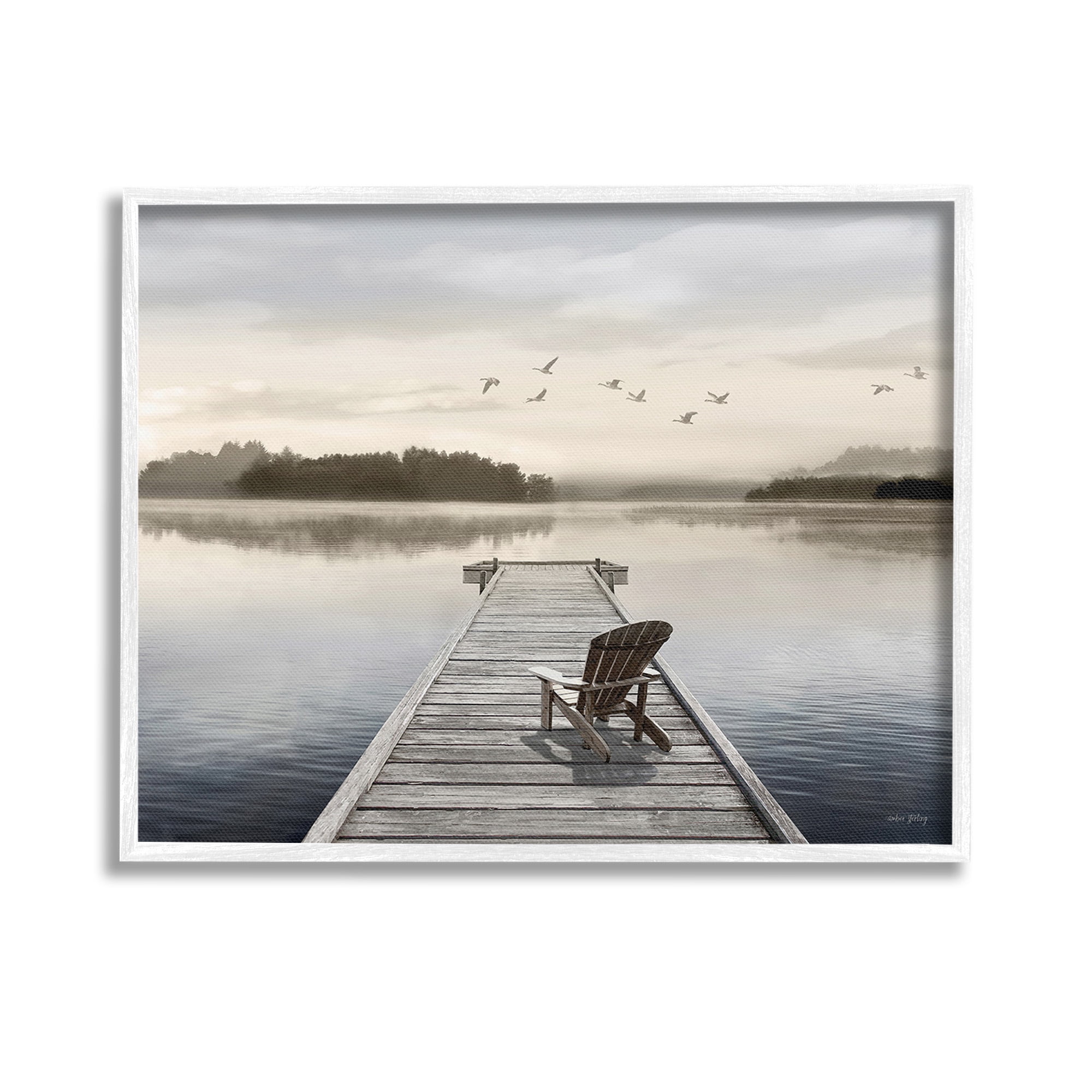 Stupell Industries Beach Chair on Dock Landscape Painting White Framed Art Print Wall Art, 14 x 11