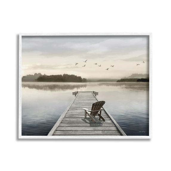 Stupell Industries Beach Chair on Dock Landscape Painting White Framed Art Print Wall Art, 20 x 16