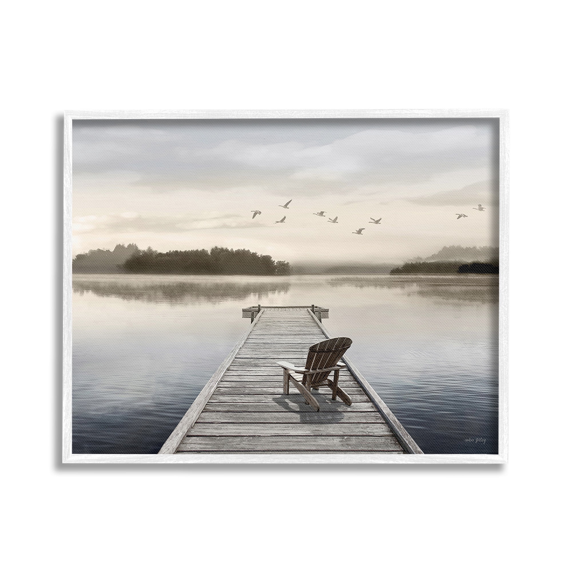 Stupell Industries Beach Chair on Dock Landscape Painting White Framed Art Print Wall Art, 30 x 24
