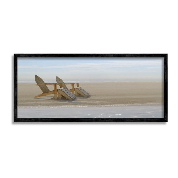 Stupell Industries Beach Chairs by Shore Landscape Photography Black Framed Art Print Wall Art, 24 x 10