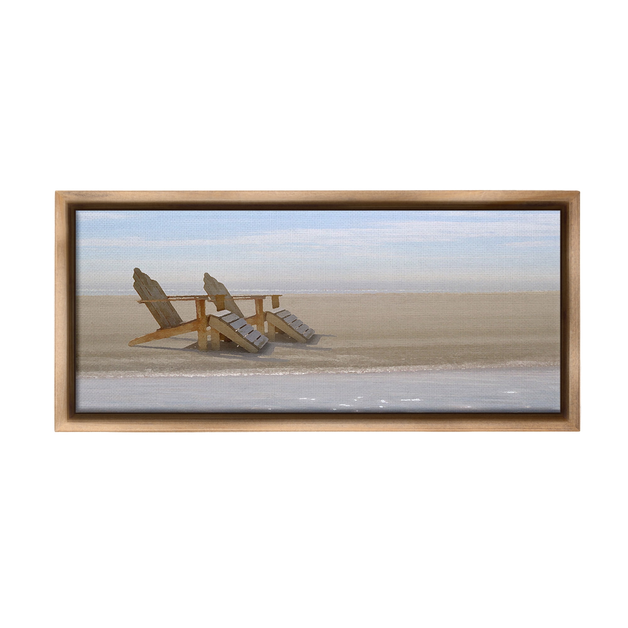 Stupell Industries Beach Chairs by Shore Landscape Photography Brown Floater Framed Canvas Art Print Wall Art, 31 x 14