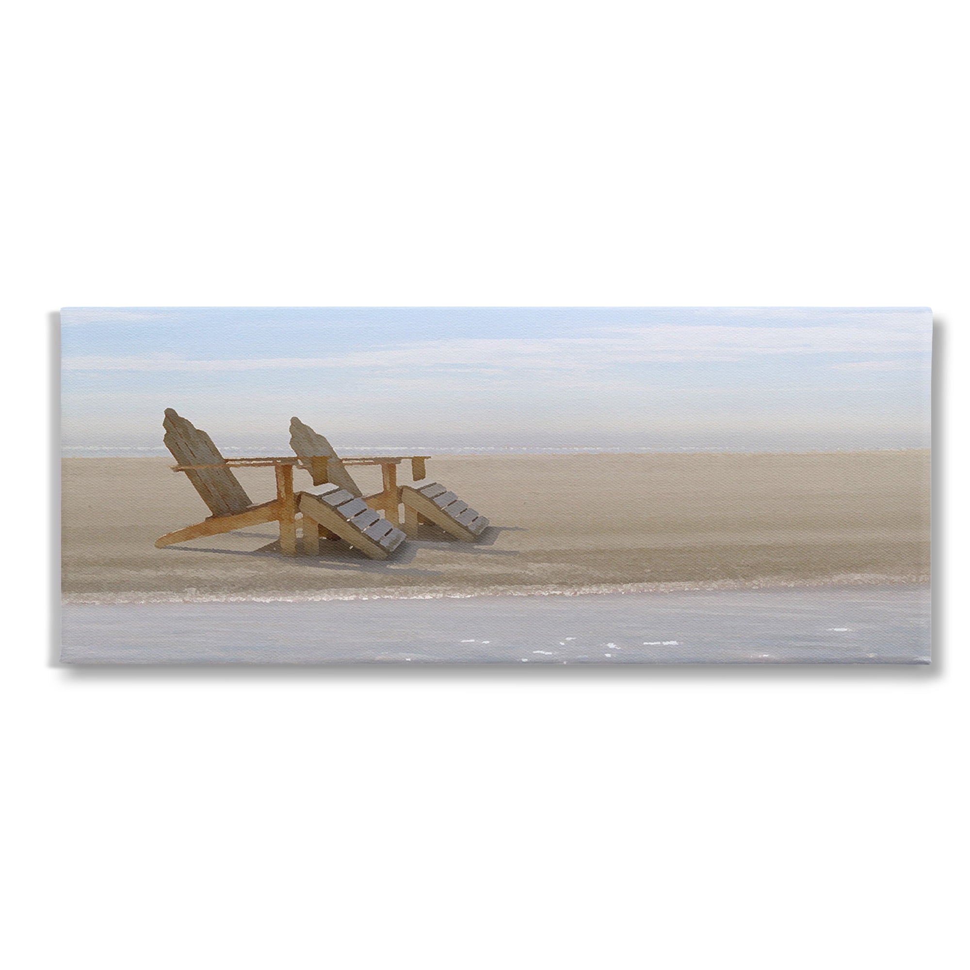 Beach Chairs by Shore Landscape Canvas Print in Light Brown Frame