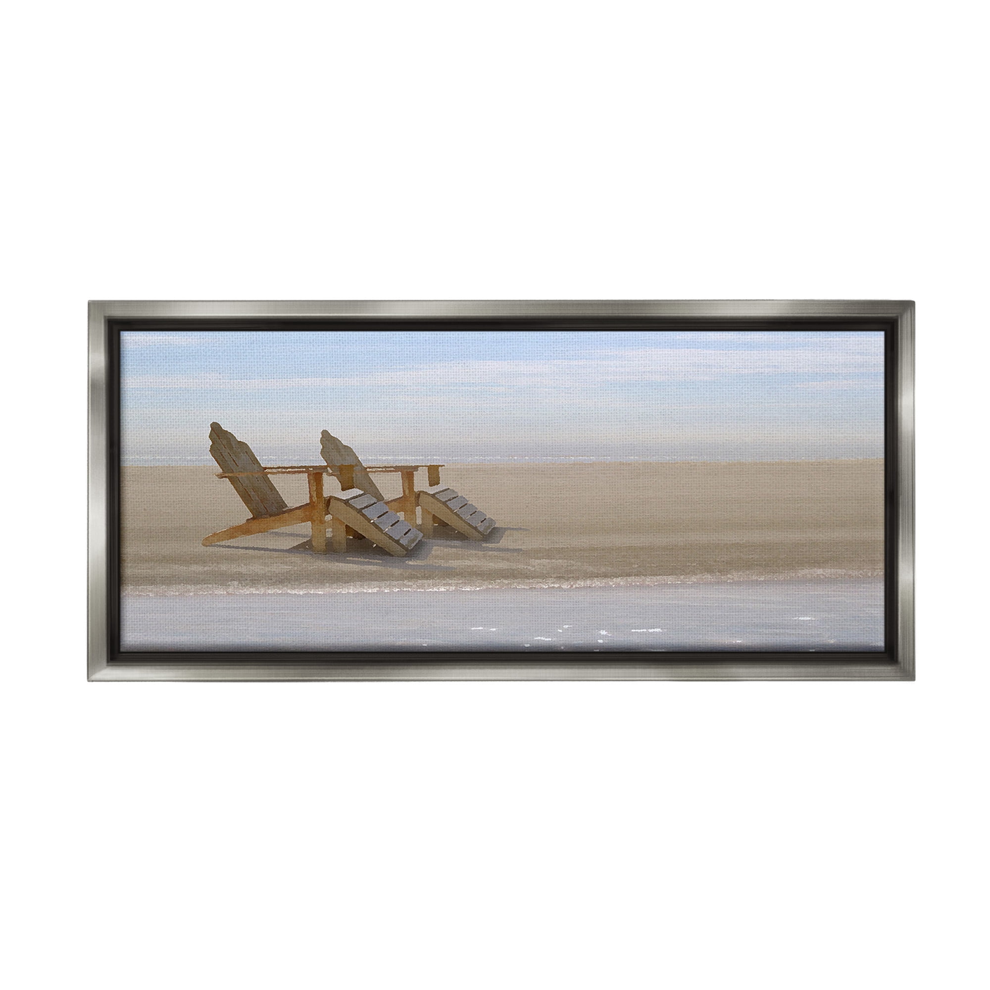 Stupell Industries Beach Chairs by Shore Landscape Photography Gray Floater Framed Canvas Art Print Wall Art, 31 x 14