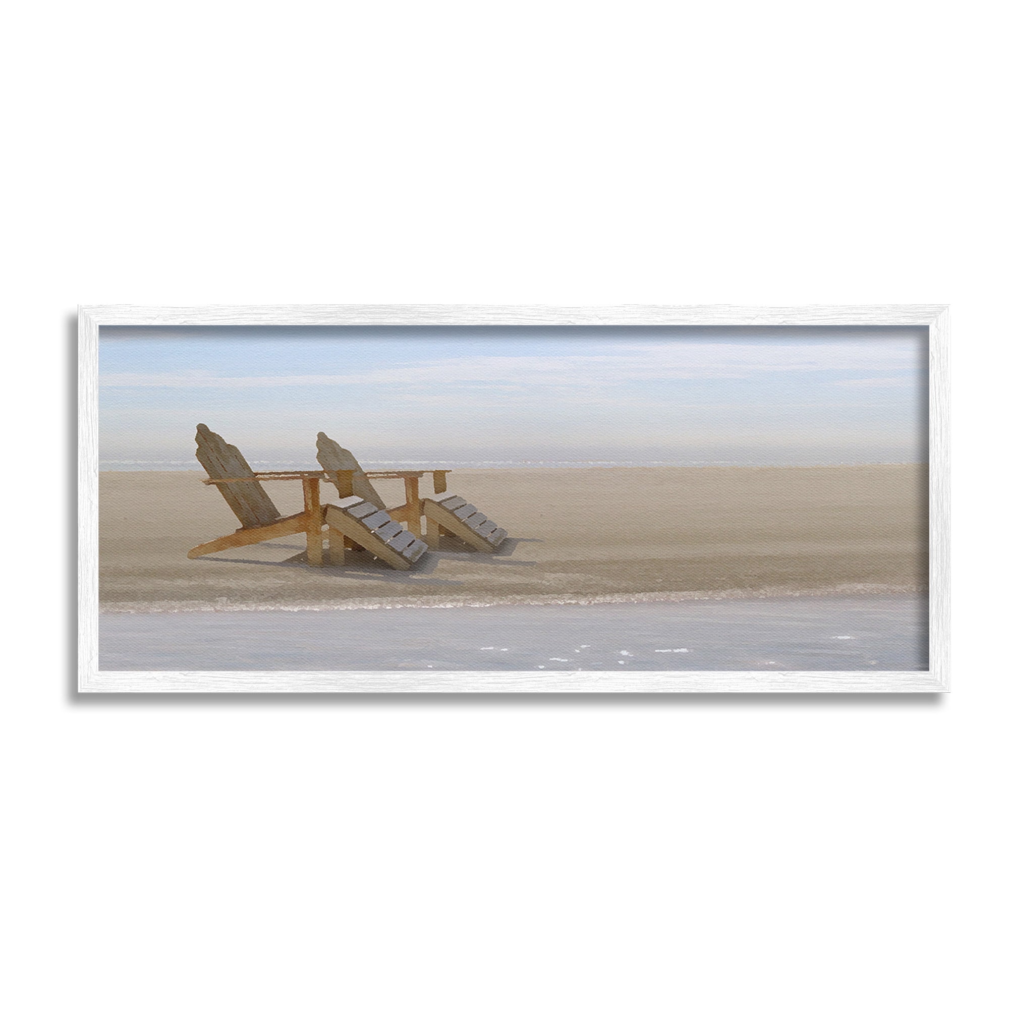 Stupell Industries Beach Chairs by Shore Landscape Photography White Framed Art Print Wall Art, 24 x 10