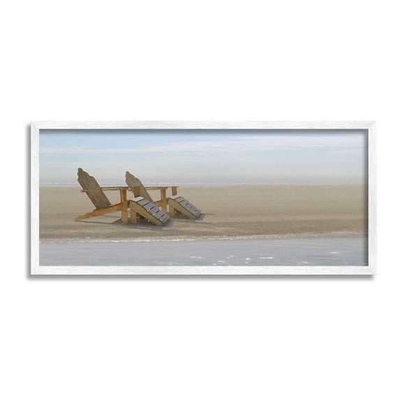 Stupell Industries Beach Chairs by Shore Landscape Photography White Framed Art Print Wall Art, 24 x 10